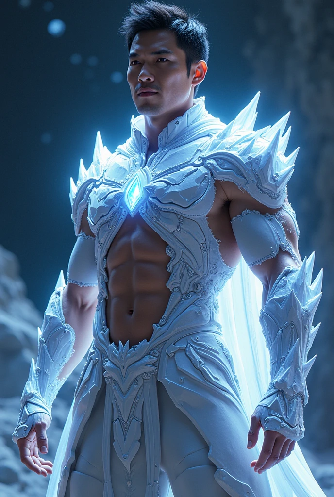 realistic, 8k, (masterpiece), (best quality), cinematic, dynamic lighting, soft shadow, highest detail, professional photography, detailed background, depth of field, insane details, finely detailed, (intricate details), aesthetic, detailed face, subsurface scattering, realistic hair, realistic eyes, muscular, photo of a handsome (swedish man), crystal4rmor, wearing crystal barbarian armor, glowing, dynamic pose, fighting stance, fantasy background, holding weapon, harness, blonde hair,