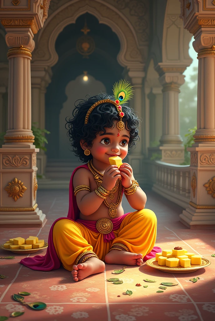 A beautiful portrait of lord shri krishna in his childhood era, eating maakhan from a traditional matki, sitting on a big concrete block, with a beautiful vrindavan in the background 