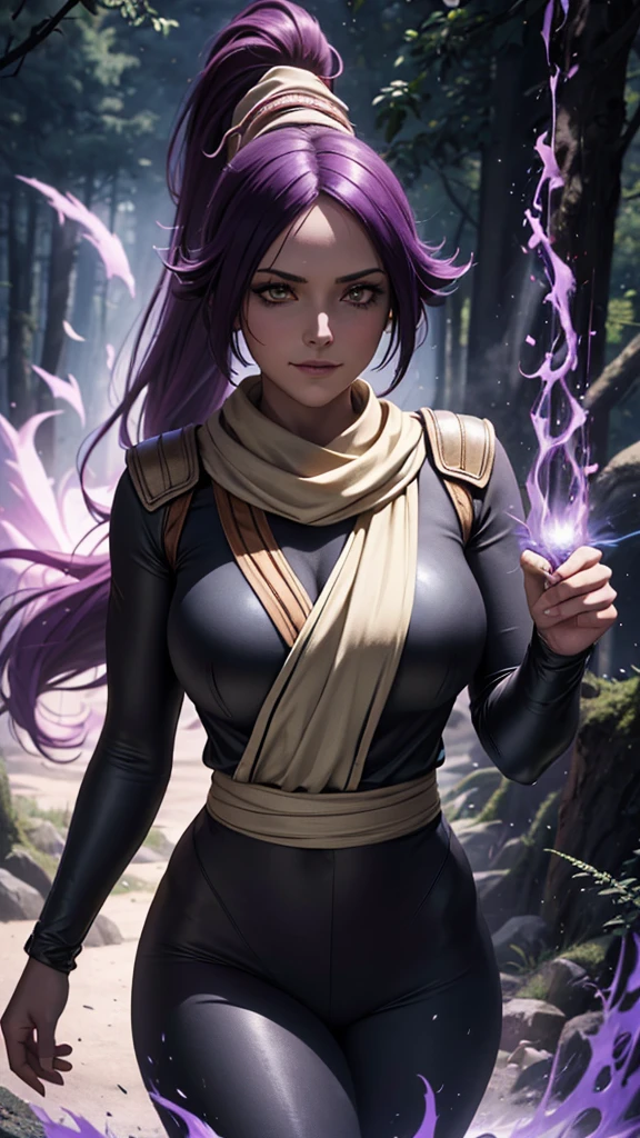 realistic 1.2, she is in the forest, ( masterpiece ,  Better quality: 1.2), cowboy photo, alone, 1 girl, shihouin yoruichi, smile,  looking at the spectator, ponytail, Purple MAIÔ , white scarf, The level of detail is inspiring, realistic 1.2,  volumetric effects add depth and dimension , and the photorealism is unmatched.  The image is rendered in 8K resolution ,  ensuring super-detailed visuals .  Volumetric lighting adds a touch of magic ,  highlighting your beauty and aura in a supernatural way . Um High Dynamic Range (HDR) makes the cores stand out, adding richness to the overall composition. In the end, this art presents an unreal portrait.