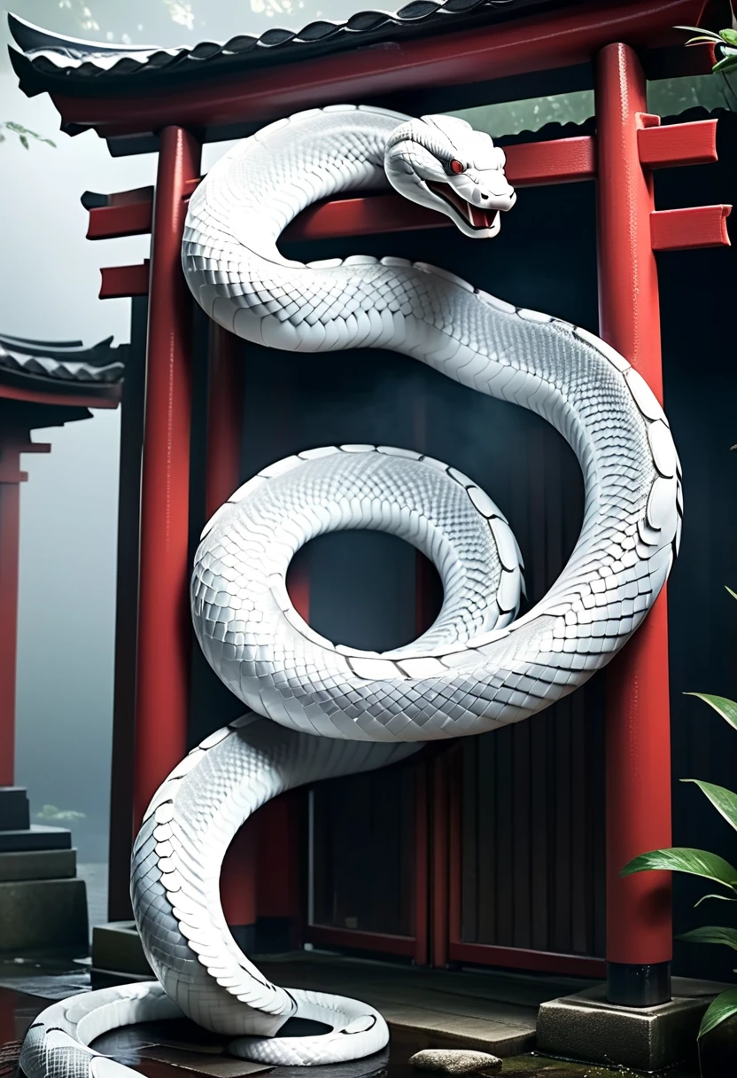 mysterious white snake, japanese zodiac, japanese shinto shrine, traditional shinto torii gate, (best quality, 4k, 8k, highres,masterpiece:1.2), ultra-detailed, (realistic, photorealistic, photo-realistic:1.37), HDR, UHD, studio lighting, ultra-fine painting, sharp focus, physically-based rendering, extreme detail description, professional, vivid colors, intricate details, highly detailed, ornate architecture, elegant composition, dramatic lighting, glowing translucent scales, coiled snake body, sinuous motion, ethereal atmosphere, mystical ambiance, atmospheric mist, thick fog, soft warm lighting, detailed textures, dramatic shadows