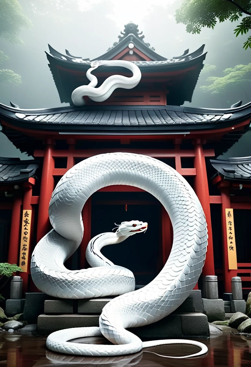 mysterious white snake, japanese zodiac, japanese shinto shrine, traditional shinto torii gate, (best quality, 4k, 8k, highres,masterpiece:1.2), ultra-detailed, (realistic, photorealistic, photo-realistic:1.37), HDR, UHD, studio lighting, ultra-fine painting, sharp focus, physically-based rendering, extreme detail description, professional, vivid colors, intricate details, highly detailed, ornate architecture, elegant composition, dramatic lighting, glowing translucent scales, coiled snake body, sinuous motion, ethereal atmosphere, mystical ambiance, atmospheric mist, thick fog, soft warm lighting, detailed textures, dramatic shadows