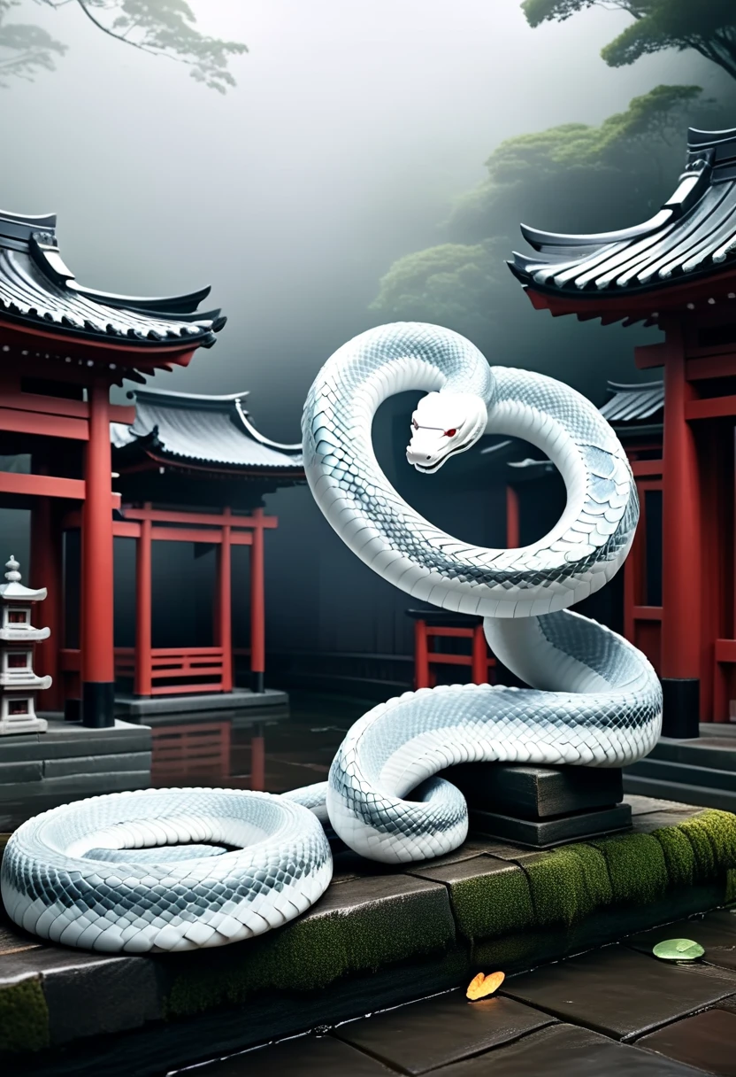 mysterious white snake, japanese zodiac, japanese shinto shrine, traditional shinto torii gate, (best quality, 4k, 8k, highres,masterpiece:1.2), ultra-detailed, (realistic, photorealistic, photo-realistic:1.37), HDR, UHD, studio lighting, ultra-fine painting, sharp focus, physically-based rendering, extreme detail description, professional, vivid colors, intricate details, highly detailed, ornate architecture, elegant composition, dramatic lighting, glowing translucent scales, coiled snake body, sinuous motion, ethereal atmosphere, mystical ambiance, atmospheric mist, thick fog, soft warm lighting, detailed textures, dramatic shadows