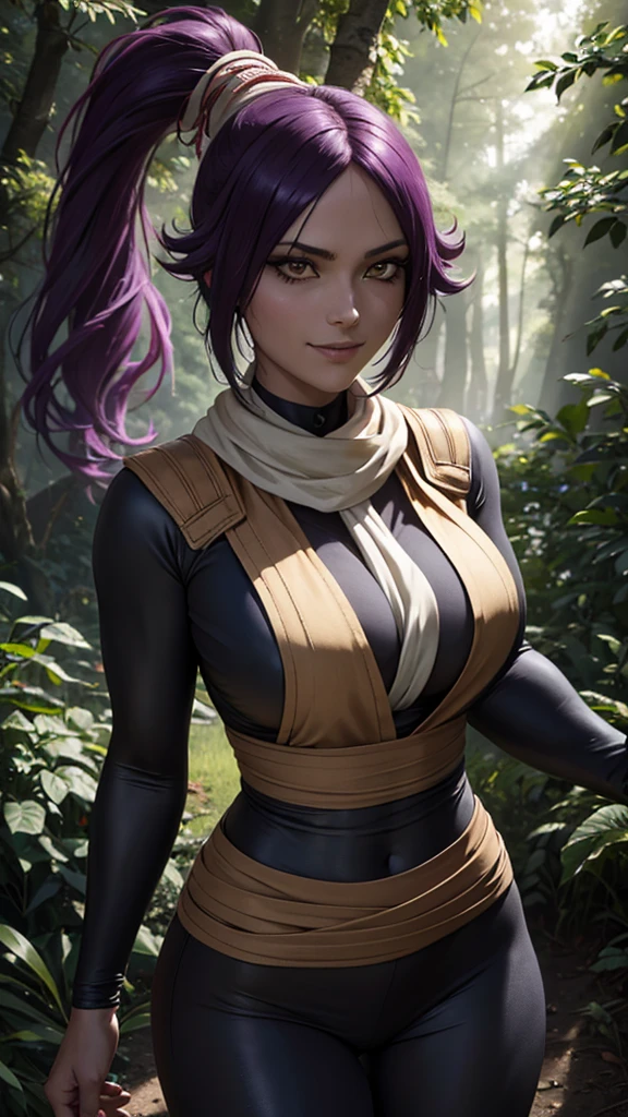 realistic 1.2, she is in the forest, ( masterpiece ,  Better quality: 1.2), cowboy photo, alone, 1 girl, shihouin yoruichi, smile,  looking at the spectator, ponytail, sexy Purple MAIÔ , white scarf, The level of detail is inspiring, realistic 1.2,  volumetric effects add depth and dimension , and the photorealism is unmatched.  The image is rendered in 8K resolution ,  ensuring super-detailed visuals .  Volumetric lighting adds a touch of magic ,  highlighting your beauty and aura in a supernatural way . Um High Dynamic Range (HDR) makes the cores stand out, adding richness to the overall composition. In the end, this art presents an unreal portrait.