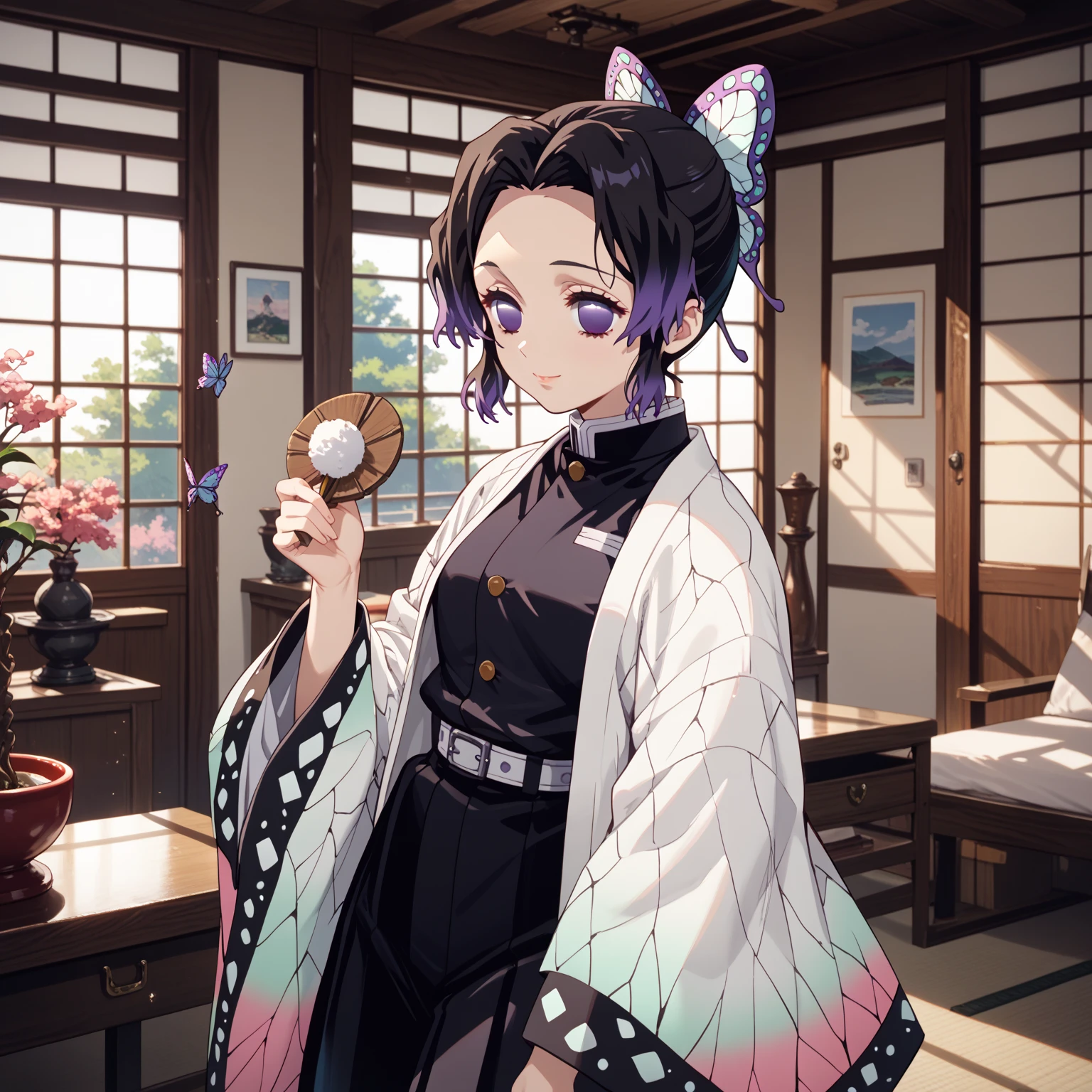 kochou shinobu, black hair, hair ornament, multicolored hair, purple hair, butterfly hair ornament, short hair, gradient hair, purple eyes, no pupils, belt buckle, buckle, butterfly print, wide sleeves, japanese clothes, haori,  stand, Confident pose, Room, Displeased face, Beautiful view, good atmosphere, Thigh