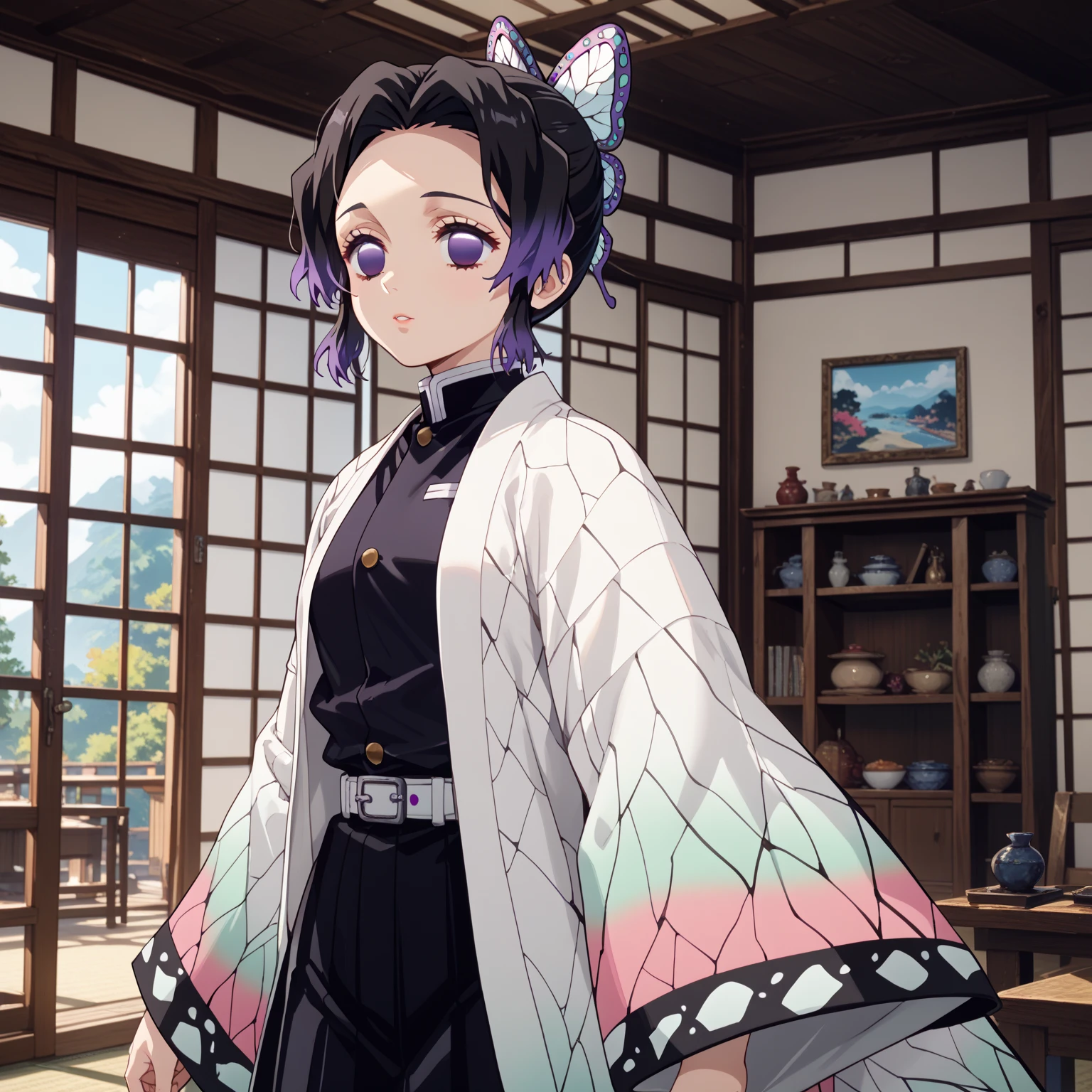 kochou shinobu, black hair, hair ornament, multicolored hair, purple hair, butterfly hair ornament, short hair, gradient hair, purple eyes, no pupils, belt buckle, buckle, butterfly print, wide sleeves, japanese clothes, haori,  stand, Confident pose, Room, Displeased face, Beautiful view, good atmosphere, Thigh