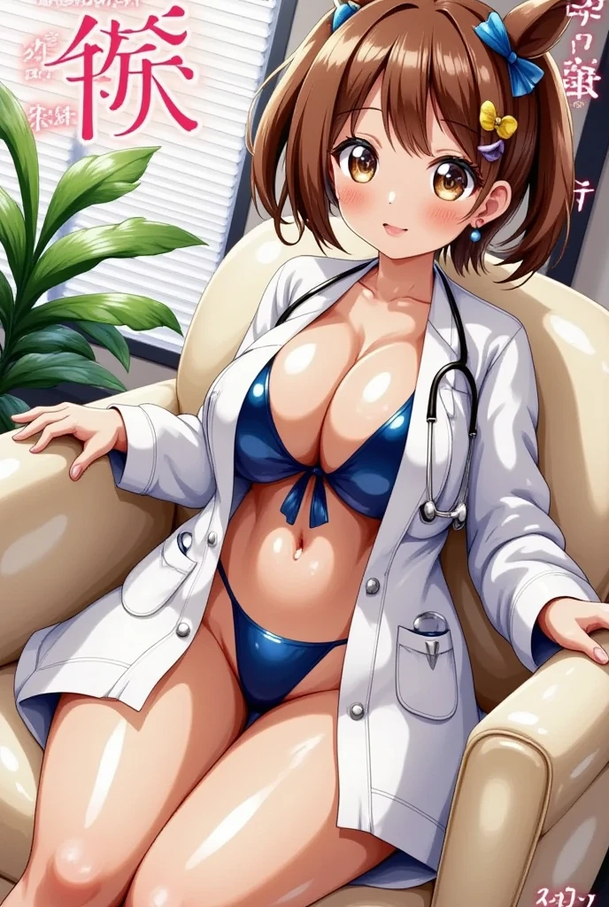 1girl, solo, looking at viewer, short hair, brown hair, brown eyes, pantyhose, lips, coat, plant, couch, realistic, labcoat, stethoscope, blinds, doctor,horseoilsocks