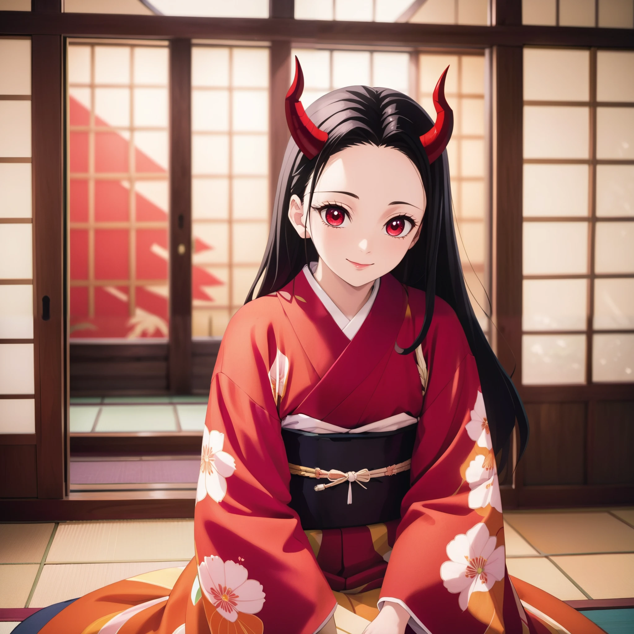 core_9, score_8_up, score_7_up, vivid colors, (Demon Slayer, Kimetsu no yaiba style), (nezuko kamado), (1girl, solo), 20years old, (black long hair, smooth straight hair, asymmetrical parting hair:1.1), forehead, red eyes, (red demon horns:1.4), kimono, smile, (sitting straight, SEIZA), (front view, looking at viewer), Japanese old style room