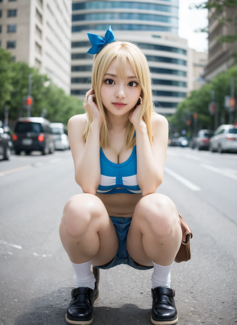  cute,  sexy face,(8k、  RAW photos 、  for a location  、masterpiece:1.2)、( realistic、 realistic:1.37)、woman、  professional lighting、    lots of eyelashes on your hands 、  plump breasts  :1.3,(Thick body:1.2),  thin waist,  healthy thighs, Blonde:1.4, (    PERFECT HAND, perfect anatomy),smile,  random sexy pose 、anime「 Fairy Tail 」Works inspired by:1.4,Lucy Heartfilia cosplay:1.4、 full body shot、Shooting in the city、 taken from the front,Shorts、T-Shirts、 double piece