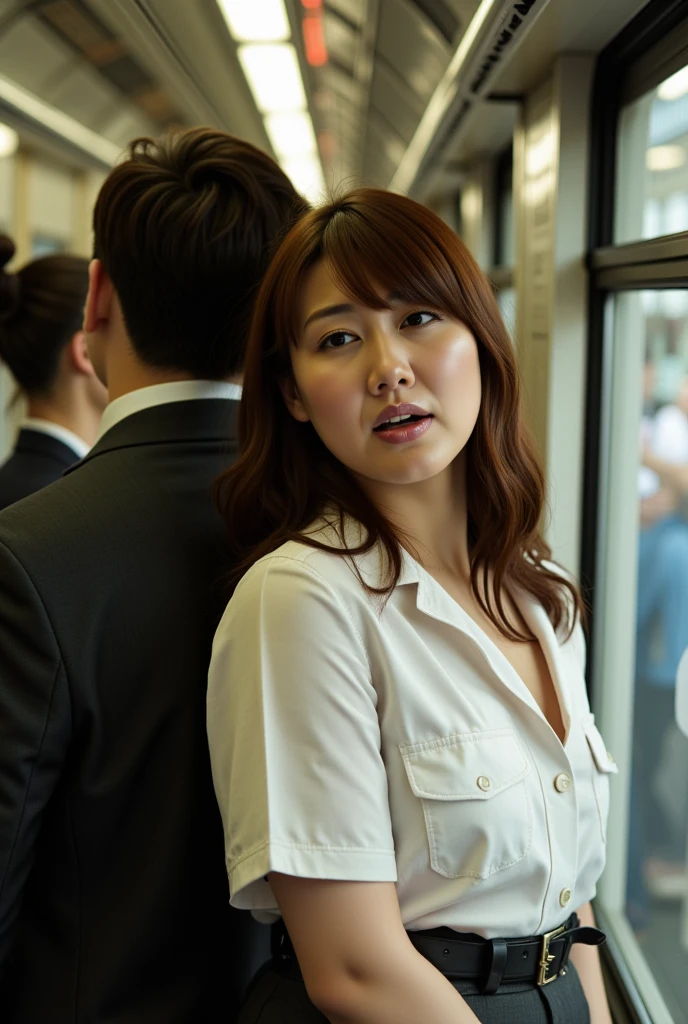   beautiful brown-haired woman  , Commuter trains in Japan,Crowded car interior,  business suit wearing a white shirt 、Wide Chest , ((Beautiful actress orgasms )) ,    sharp focus with eyes closed   , (  8K ultra HD :0.8),   super detailed ,   RAW amateur photo  ,(( face close-up )),((Frowning, Irritation, frown,  open your mouth wide ,Panting face,))Chest, neck, And a sweaty face  ,Coordinating Your Chest to SEXY ,  Beautiful Actress Scandals,Standing by the window of a crowded train 、 woman leaning against the man behind her  ,  leaning back from outside  , A man hugs a beautiful girl who looks like the heroine of an idol anime , sex,seat,(( sweaty chest and décolletage ,  sweaty skin,Sweaty, shiny skin)),(( Wet Filter)) climax face , the chest of the shirt was stretched out and I was sweaty ,Standing by the window of a crowded train ,  Chiseled Face 