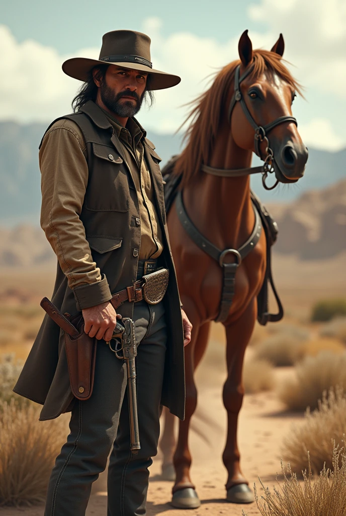 I want a picture of Arthur Morgan from red dead redemption 2, with a landscape behind him and his horse 
