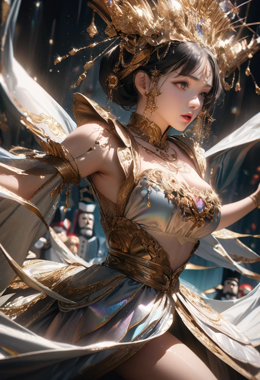 shining star,A beautiful oriental girl,Single ponytail,Dragon Horn,Big breasts,thin waist,white skin,Perfect proportion,Wearing a dance dress,8k,Dance with the dragon,The focus of the audience,Lighting effects,Super details,