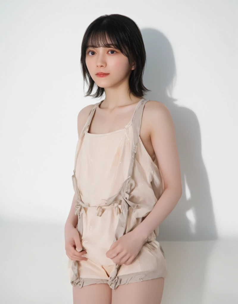 table top、japanese woman、RAW photo (30 year old girl),yellow long sleeve dress,realistic skin, (high detail skin:1.2),Taken in front of the white door,spring colors,realistic, film grain,bright colors,beautiful face,soft natural light、shortcut、short hair、