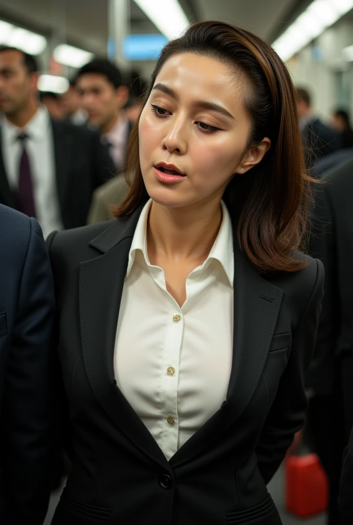   beautiful brown-haired woman  , Commuter trains in Japan,Crowded car interior,  business suit wearing a white shirt 、Wide Chest , ((Beautiful actress orgasms )) ,    sharp focus with eyes closed   , (  8K ultra HD :0.8),   super detailed ,   RAW amateur photo  ,(( face close-up )),((Frowning, Irritation, frown,  open your mouth wide ,Panting face,))Chest, neck, And a sweaty face  ,Coordinating Your Chest to SEXY ,  Beautiful Actress Scandals,Standing by the window of a crowded train 、 woman leaning against the man behind her  ,  leaning back from outside  , A man hugs a beautiful girl who looks like the heroine of an idol anime , sex,seat,(( sweaty chest and décolletage ,  sweaty skin,Sweaty, shiny skin)),(( Wet Filter)) climax face , the chest of the shirt was stretched out and I was sweaty ,Standing by the window of a crowded train ,  Chiseled Face 