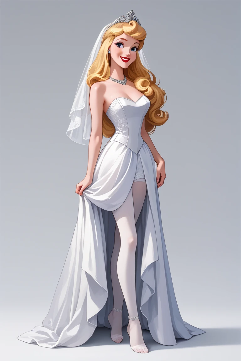 PonyXLV6_Scores ,source_anime, masterpiece, full body view, BREAK Disney princess Aurora ,1girl, solo, porcelain doll, blonde loose and long hair, thin face, purple eyes, red lips, smiling, barefeet, fair skin, Disney 3D render, ((Princess Aurora standing nude as a sexy bride, just covering her whole nude body with a veil, wearing stockings, (Aurora's face exactly as original Disney character),