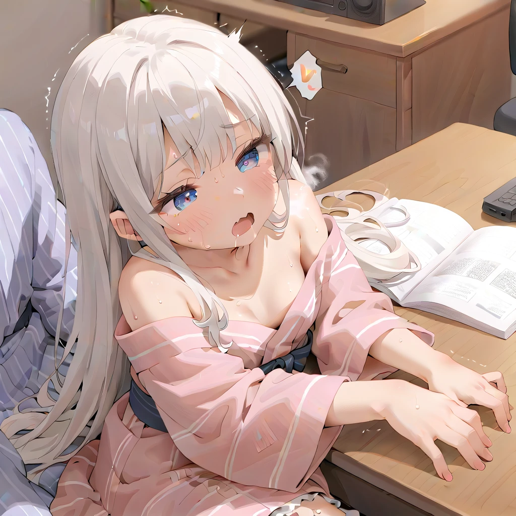 (masterpiece,beautiful,hughres,CG,8k,16k,best quality,high-resolution,detailed fingers,detailed hands,detailed legs,detailed eyes:1.5),anime,source anime,illustration,(face close up:1.2),upper body,(1girl,Alone:1.2),(indoor,living,across table:1.5),(kotatsu:1.6),(head down,no-arms, put your arms in the kotatsu:1.2),(Place your cheeks on the desk:1.4),(white hair:1.5),blue eyes,(very long hair,straight hair,bangs:1.4),( light pink yukata :1.5),off-shoulder,small breasts,sitting,(female orgasm:1.3),(trembling:1.4),(gasping,heavy breathing,blush:1.5),(impatience1.1),flustered,(fidgeting around:1.4),(steam:1.2),(sweat skin,sweat:1.4),(streaming tears:1.3),(drooling:1.1),(looking away:0.5),(looking down:1.4),(spoken heart:1.3),(narrow one's eyes:1.6),(open mouth:1.2)