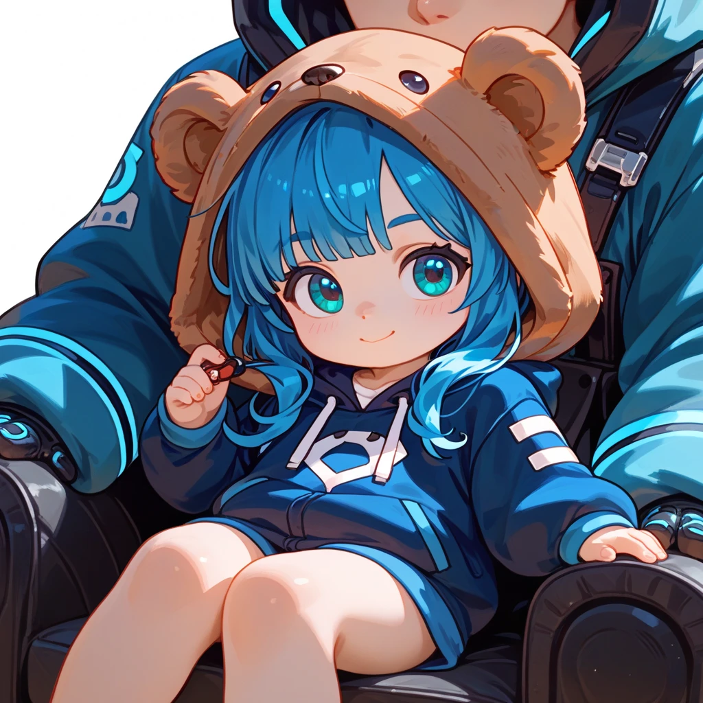 "A young boy with bright blue hair , bright skin, and the soft expression . Wearing future clothing , bear hood . The boy sitting.  The background is plain black , holding lolipop , gives full focus to the character of the boy, cute chibi ."