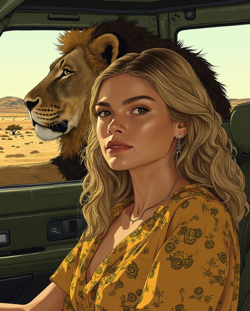 A golden haired beautiful woman,  British,  25 yo, sits on a front seat in front of a big muscled dark manned alpha male lion at the back seat  they are on the Safari Land Rover Devender at the Kalahari Savanna, High Resolution, Masterpiece, Best Quality, High Details, Super Detailed, UHD, 