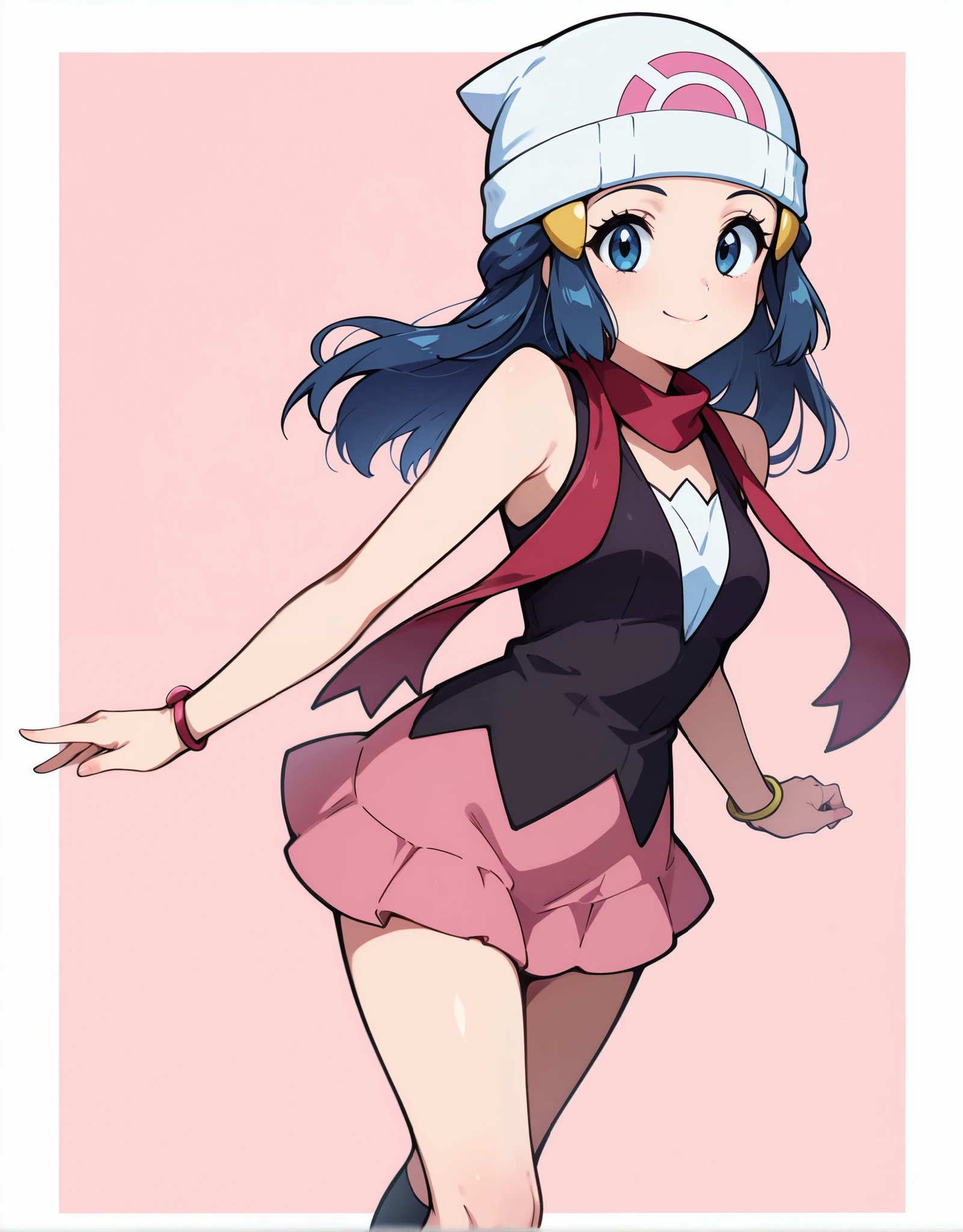 zzDawn, blue hair, blue eyes, sidelocks, long hair, bare shoulders, beanie, black shirt, black socks, bracelet, hat, jewelry, kneehighs, miniskirt, pink skirt, red scarf, scarf, shirt, skirt, sleeveless, sleeveless shirt, white headwear,
smile, looking at viewer, pretty background, dynamic pose,