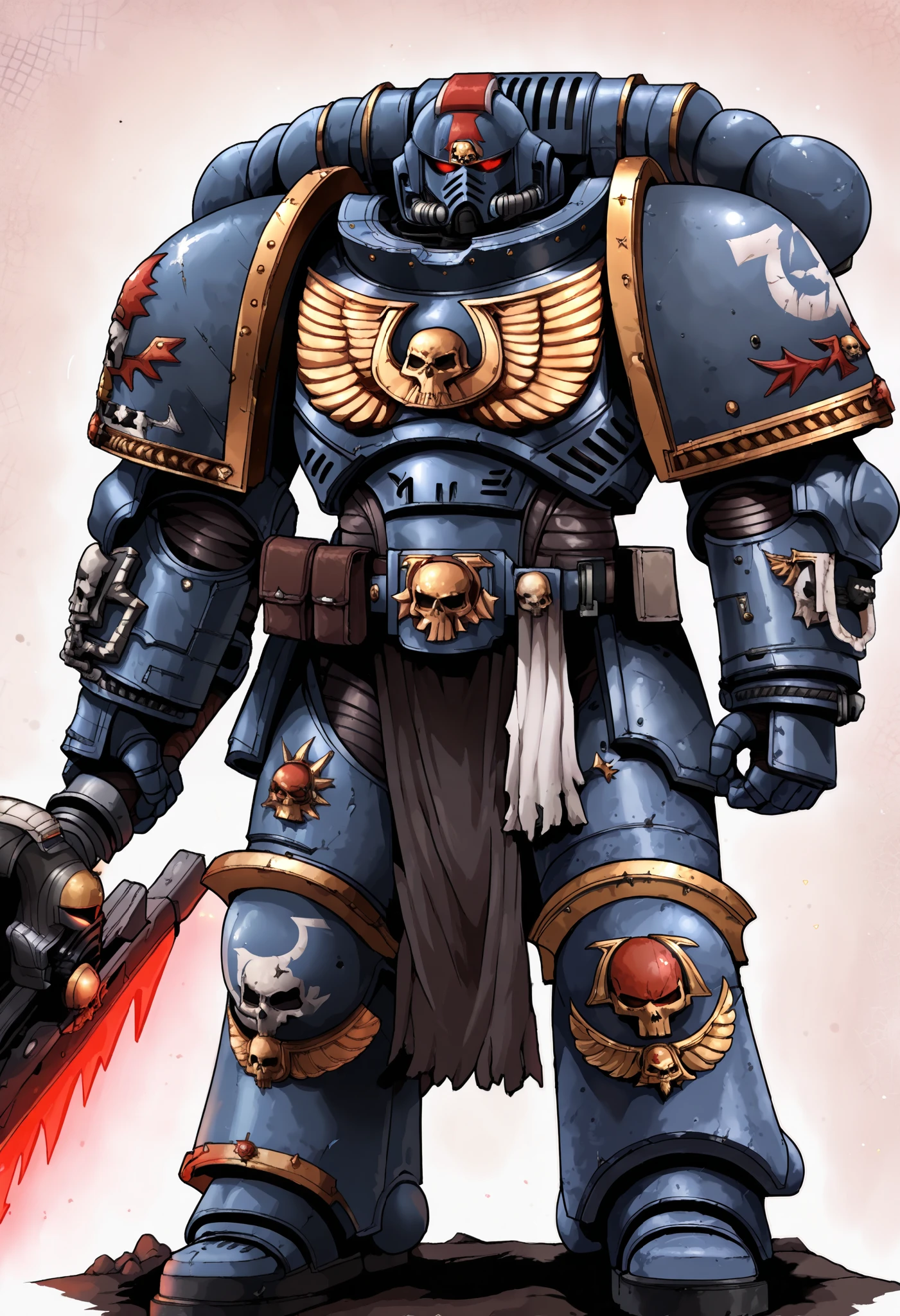 Anime, Concept art, Absurd resolution, high resolution, (masterpiece: 1.4), hyper-detail, warhammer 40k terminator armor, Juggernaut armor, heavy armor, knight, full body, glowing weapon, cloak, armor, edgy, grimdark, octosoup, 1man, bulky, buff, red plume, loin cloth, primaris helmet, reference sheet, iron halo, UltraM40k, full shot, Holding_Halberd_V1, whtitus