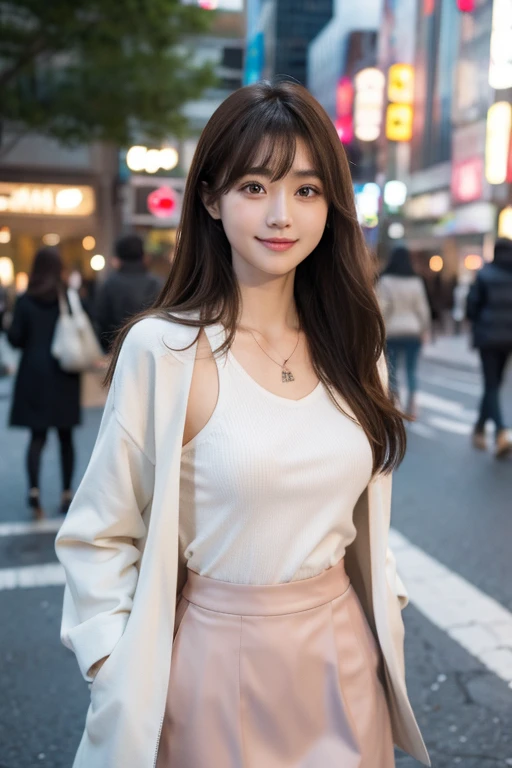 1 Japanese beautiful girl,28yo girl, Super beautiful detailed face, (smile:1.4), earrings, (brown semi-long flipped hair style:1.4, bangs),(front view), (medium shot), (chubby body), (neutral-colored large areola),(completely nude:1.3),hairy pussy,puffy nipples, Naked, BREAK, masterpiece, best quality, ultra quality, high quality, realistic, photo realistic, RAW photo, hyper detailed, intricate detaile,(crowded street:1.3),cinematic lighting,(picture above the knee),