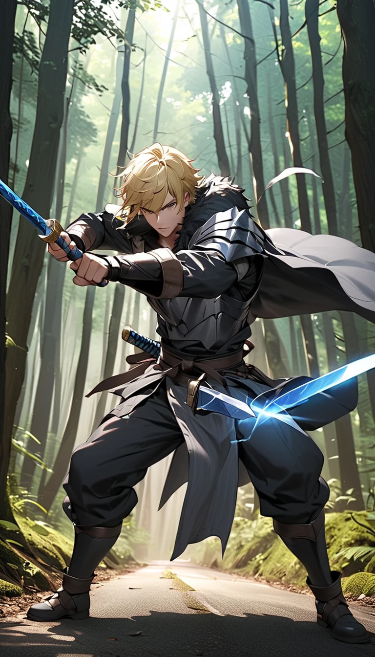 male,  Fairy Slayer  , Holy Knight,Heavy equipment(Black Gold),karate,  Fighting Stance, fur collar  , Light on the background of a black fur cape in the woods, I'm on the road ,  full body view , male,   very detailed,   high detail、Blonde、 Blue Sword 、