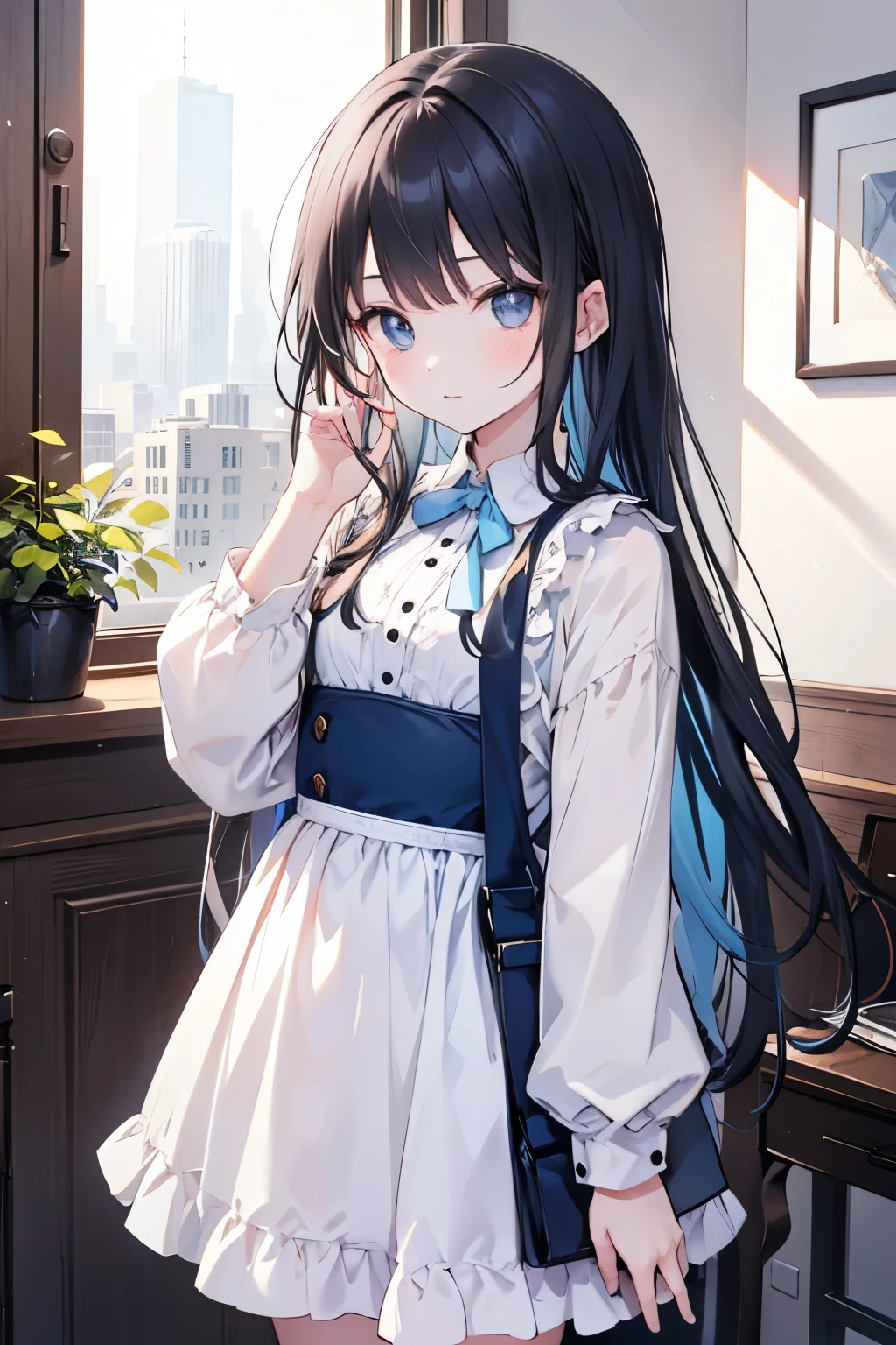 a young girl with a beautiful face, long black hair, bangs, black eye, wear long sleeve dress,  light blue dress