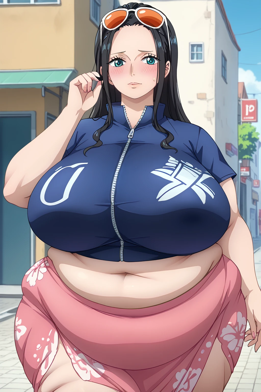 nico robin,  Nico Robin,  long hair,  blue eyes ,  black hair, hair slickback , all back,Put the sunglasses on your head , dark blue jacket , midriff, Short sleeve, crop top,  cropped jacket,belly button, pink long sarong skirt, huge breasts, embarrassing expression ,blush,milf, chubby, thick thighs,Outdoors,Obese middle-aged woman,Severe obesity, Fat face,ssbbw,weight 250kg, score_9,  score_8_ up、 score_7_ up、 score_6_ up、 score_5_ up、 score_4_ up、 Masterpiece、 top quality, A beautiful woman with an obese figure,  absurd、 source_ anime anime screencap,  one woman、Alone、 personal  、Super huge breasts,  super huge clevis、Super huge, Super huge boob,Curvy、 wide hips、