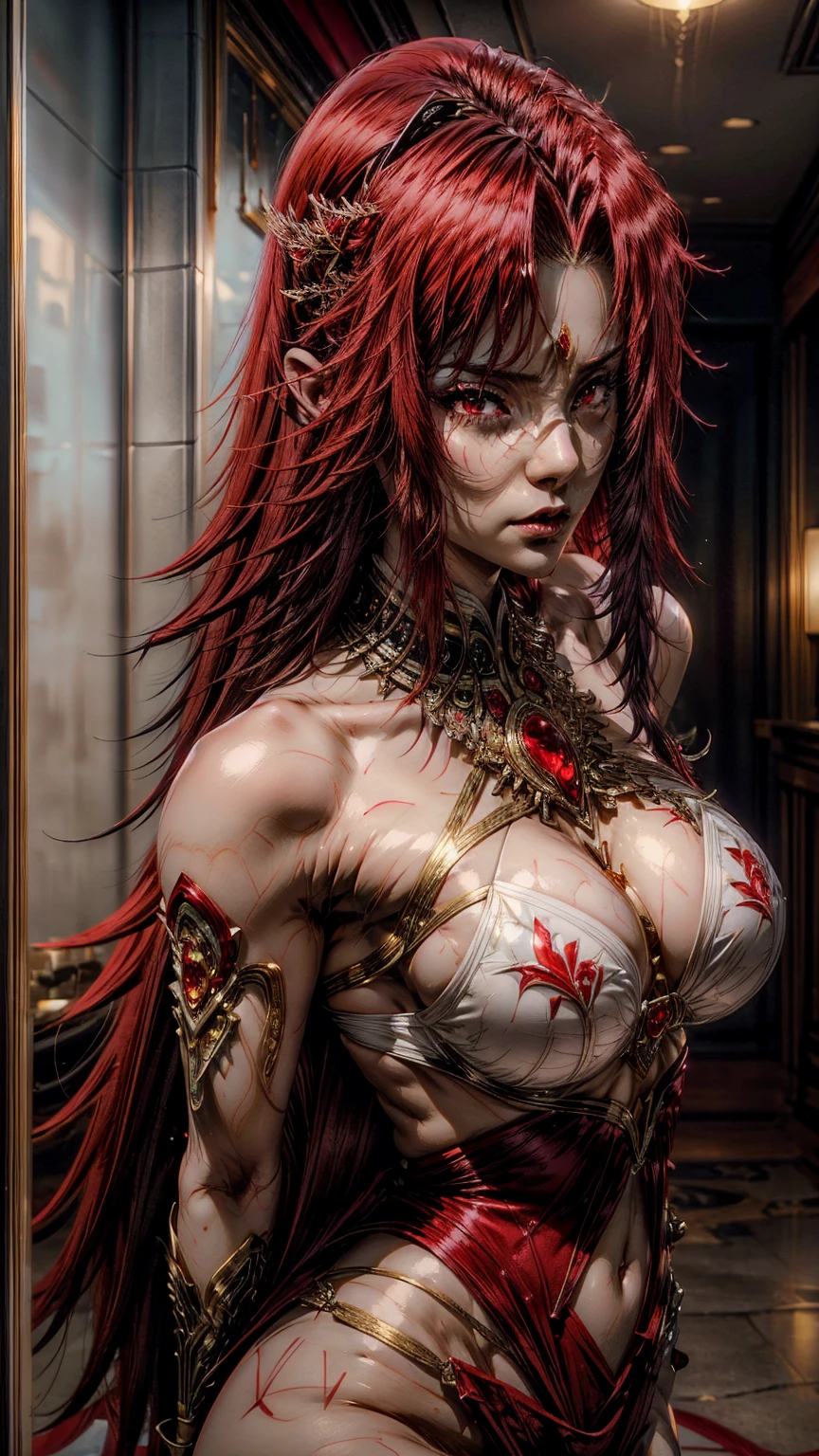 a ( super realistic )  Beautiful sexy woman (Iris midgar) WITH ( Bright red eyes )  and white clothing (detailed WITH perfect sharpness ) WITH gold jewellery on sexy breast, beautiful chest( perfect shape and size ),  long beautiful red hair , body wallpaper  (epapel hyper detailed posture .