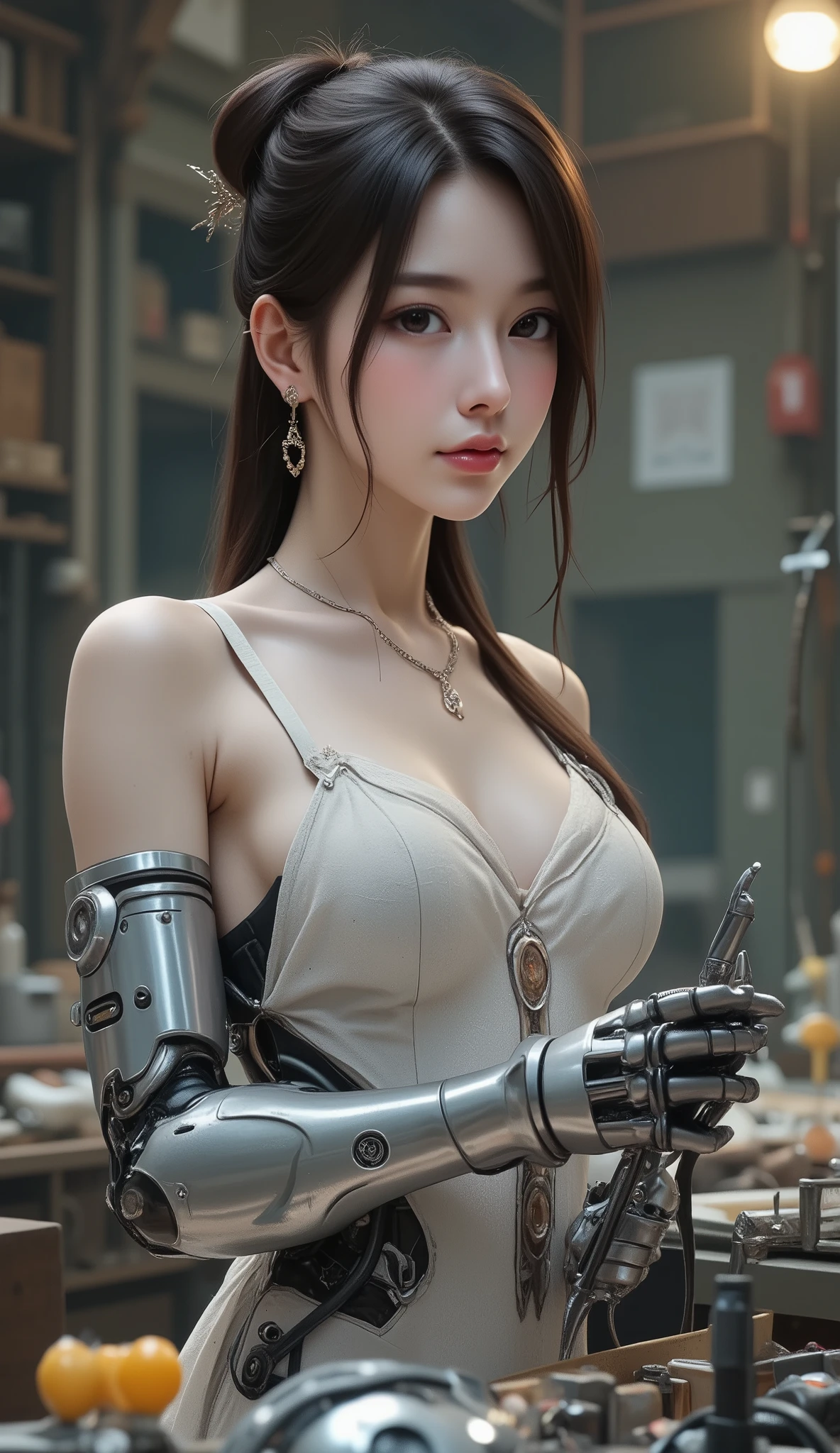 (hyperrealistic), (illustration), (high resolution), (8K), (extremely detailed), (best illustration), (beautiful detailed eyes), (best quality), (super detailed), (masterpiece), (wallpaper), (detailed face), solo, (dynamic pose), 1 cyborg maid girl, white wavy hair in the kitchen, korean cyborg girl, (heterochromic eyes: blue-yellow), ((wearing sexy apron), (mechanical arms), (mechanical neck), (mechanical legs)), huge breasts, Her nipples were out, long legs, tightens abs, (black stockings), (no panties), (no bra)