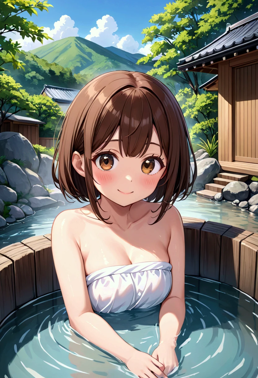 Open-air bath、naked,Completely naked、Girl with black braided hair、Hair length is around chest、Blushing、smiling、Relax in the hot springs