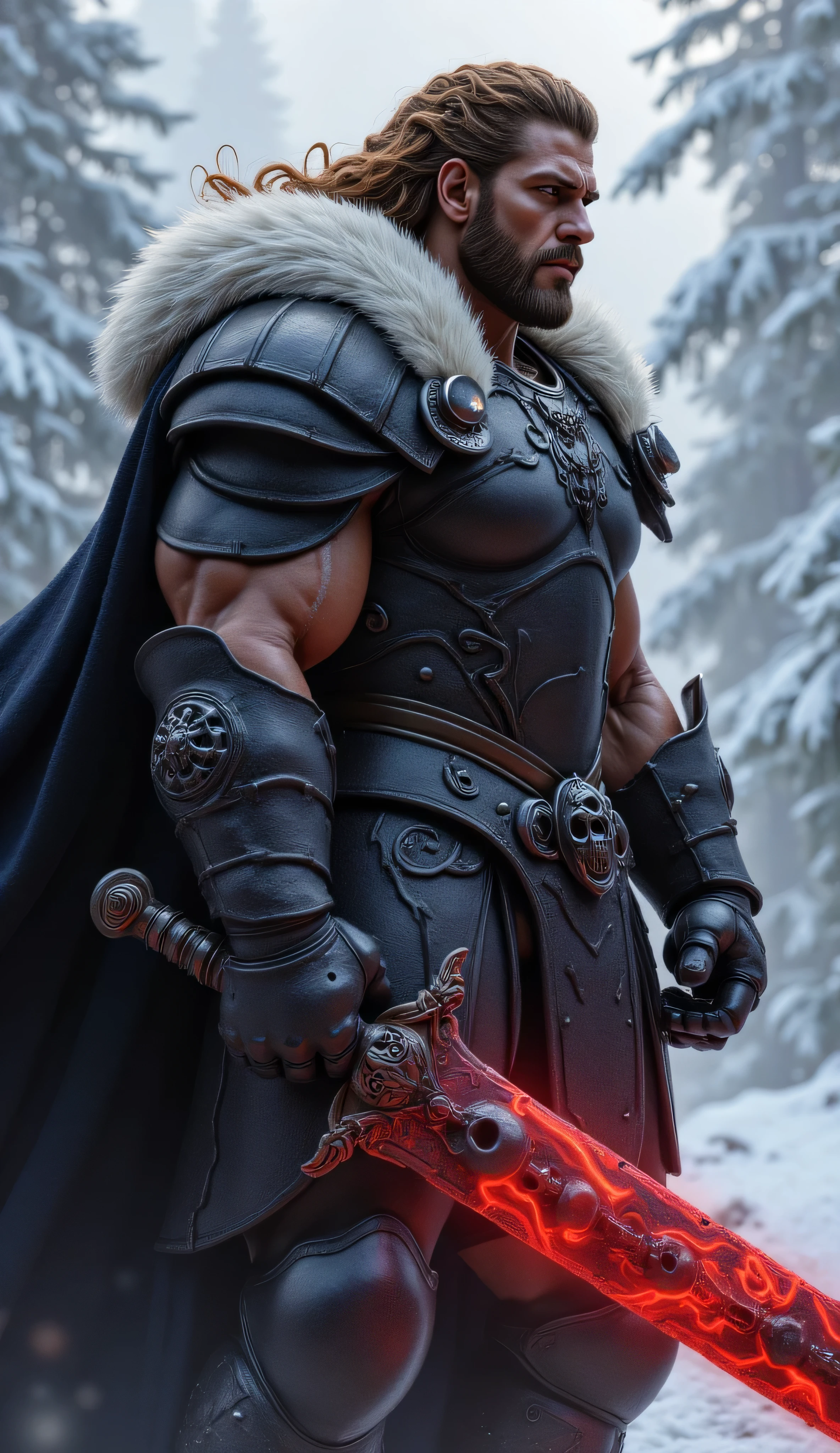 ((realism, photorealistic, life-like photograph, score_8_up, score_9, fluxbodybuilder)), armored male barbarian savage, battle worn black chrome gloss armor, white fur trim, black cloak, (pronounced high cheekbones, strong chin), long curly light brown hair with ginger highlights, small braids, black lips, black eyes, blackout eyeshadow, thick iron tiara, (((((massive glowing red skull engraved sword, the skulls on the sword pulse with swirling blood-red magical mist)))), windy, outdoor frozen snow snowy forest, dynamic battle pose, lunging, side view)
