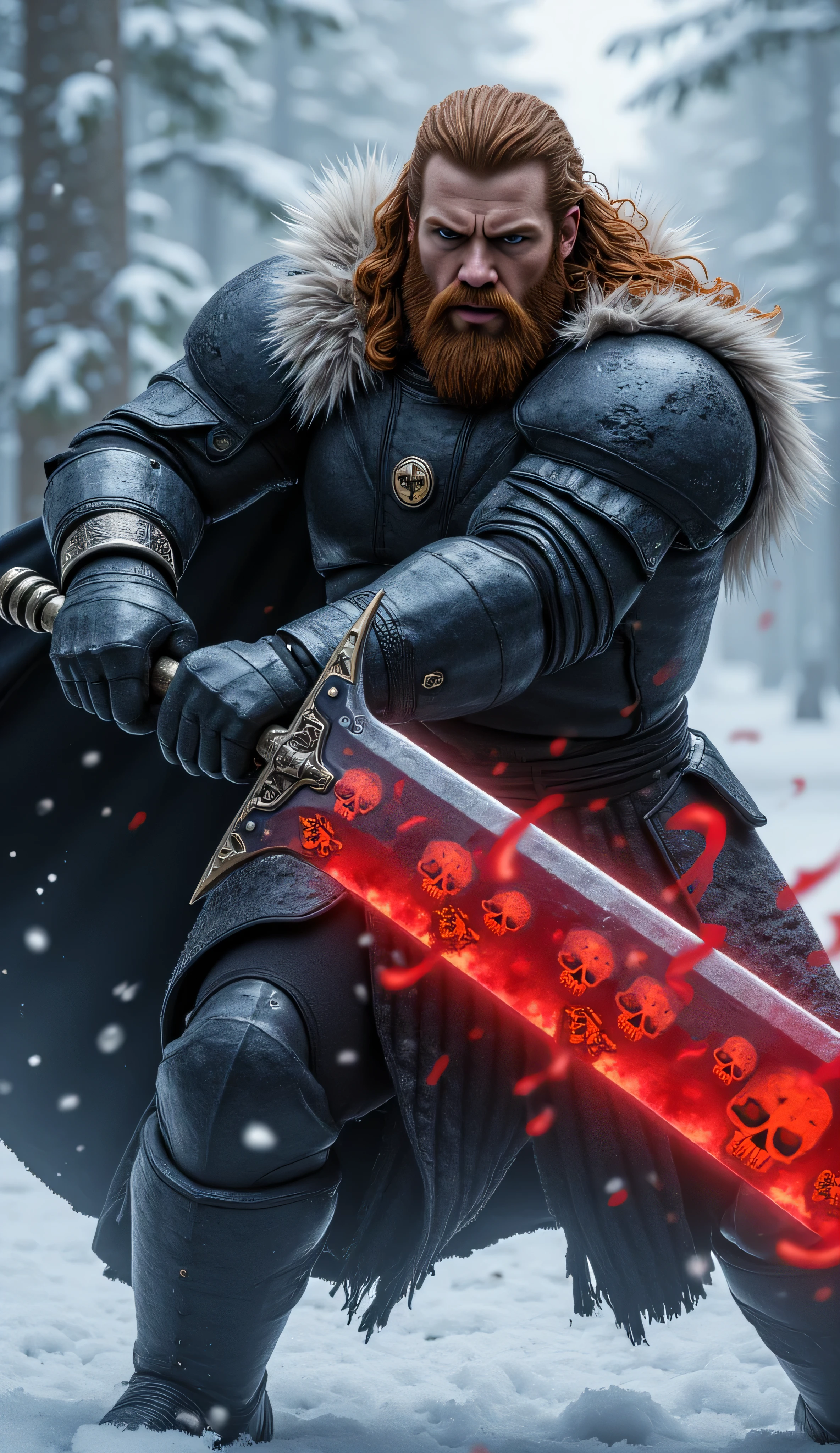 ((realism, photorealistic, life-like photograph, score_8_up, score_9, fluxbodybuilder)), armored male barbarian savage, battle worn black chrome gloss armor, white fur trim, black cloak, (pronounced high cheekbones, strong chin), long curly light brown hair with ginger highlights, small braids, black lips, black eyes, blackout eyeshadow, thick iron crown, (((((oversized glowing red skull engraved sword, the skulls on the sword pulse with swirling blood-red magical mist)))), windy, outdoor frozen snow snowy forest, dynamic battle pose, lunging, side view)