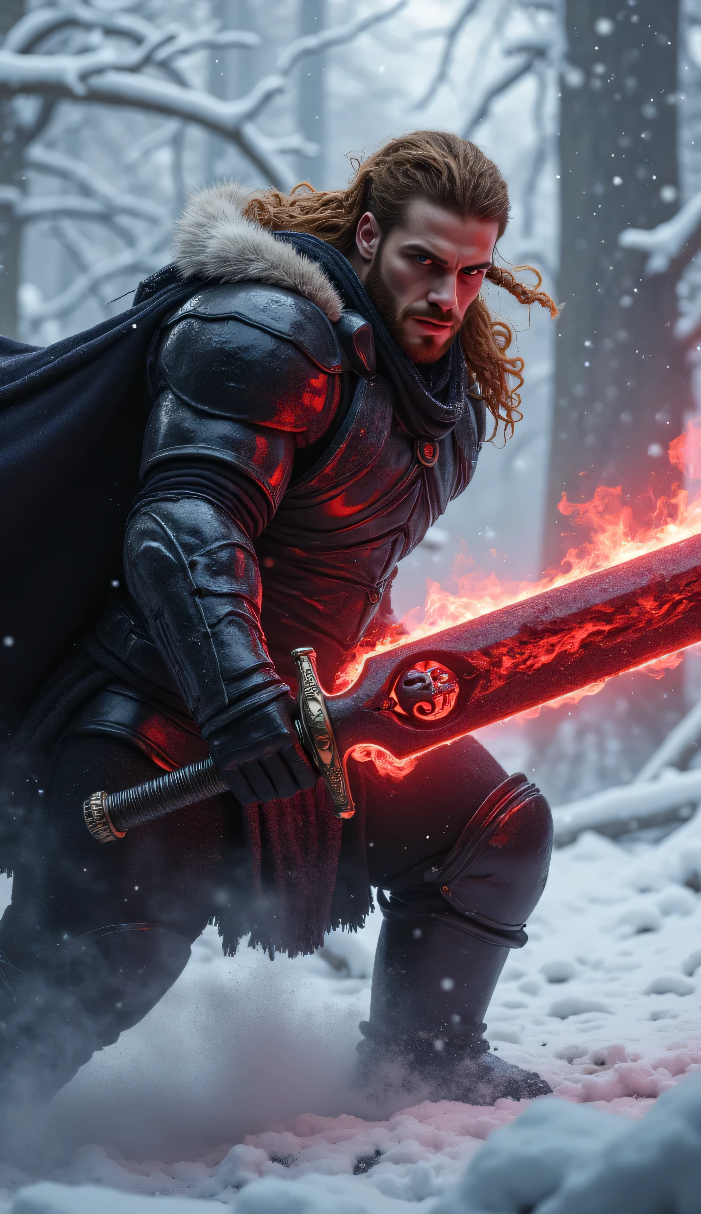 ((realism, photorealistic, life-like photograph, score_8_up, score_9, fluxbodybuilder)), armored male barbarian savage, battle worn black chrome gloss armor, white fur trim, black cloak, (pronounced high cheekbones, strong chin), long curly light brown hair with ginger highlights, small braids, black lips, black eyes, blackout eyeshadow, thick iron crown, (((((oversized glowing red skull engraved sword, the skulls on the sword pulse with swirling blood-red magical mist)))), windy, outdoor frozen snow snowy forest, dynamic battle pose, lunging, side view)