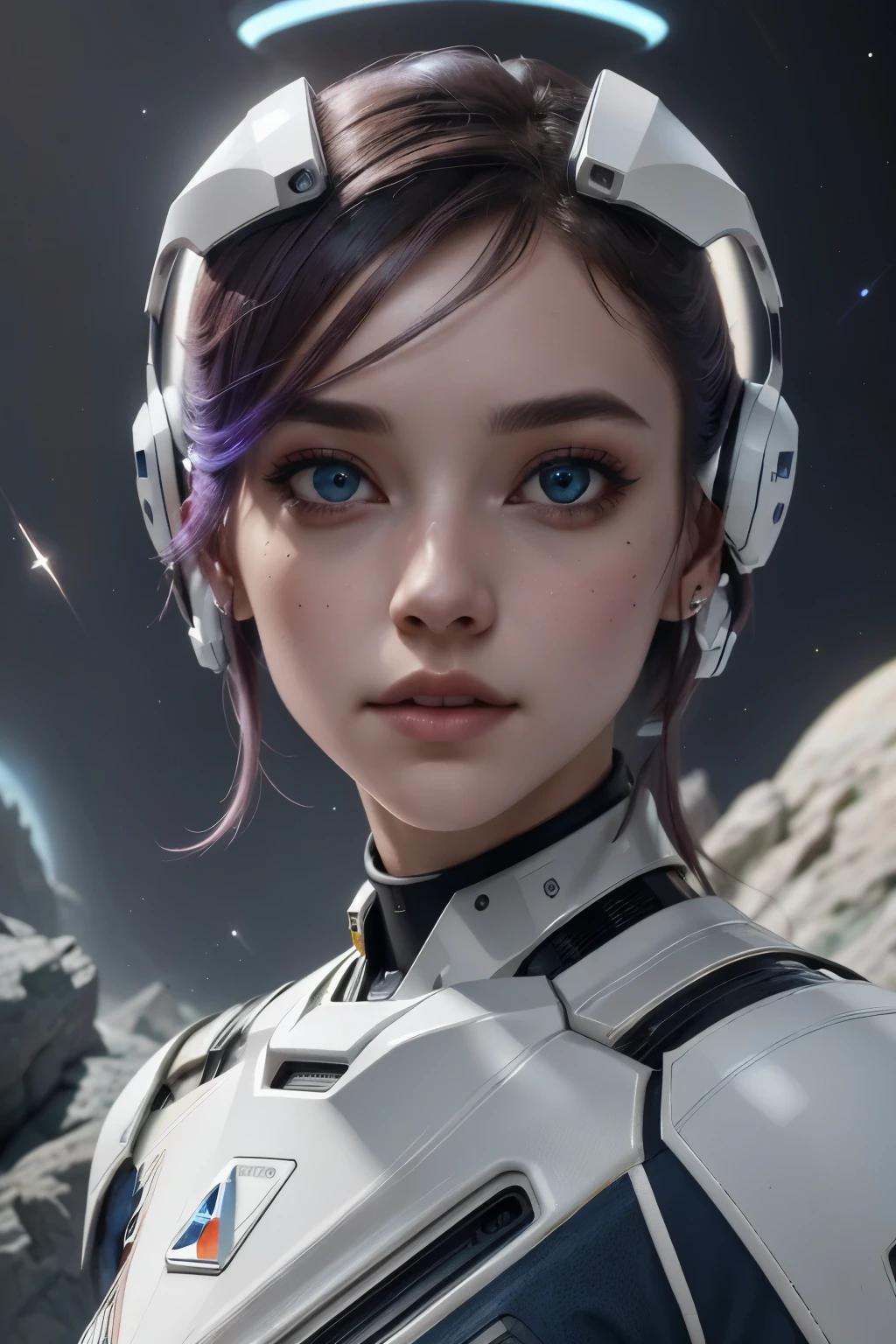 a futuristic space exploration scene, wearing a white spacesuit, beautiful detailed eyes, beautiful detailed lips, extremely detailed face, long eyelashes, astronaut holding a high-tech device, advanced alien spacecraft in the background, floating rocks and debris, colorful nebula, digital art, cinematic lighting, vibrant colors, dramatic atmosphere, highly detailed, 8k, photorealistic, concept art style