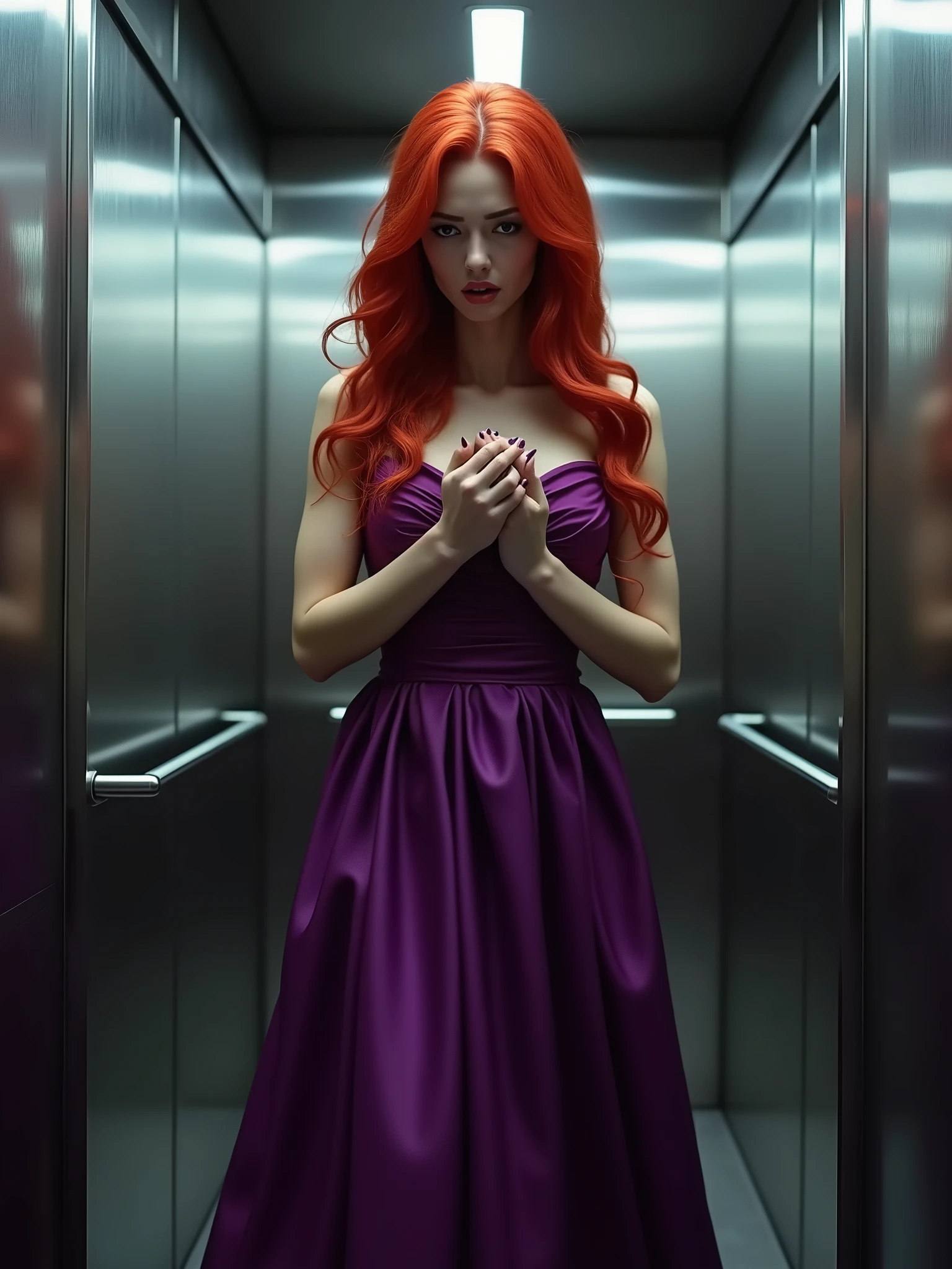 Alluring , evil serial killer, long red hair, green eyes, evil smirk, lipgloss, wearing a stylish purple bouffant dress and strappy black heels.  Standing over a bleeding man. Blood everywhere, bodies everywhere.