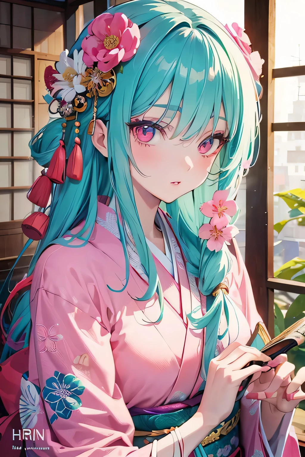 1 mint-haired girl, long straight hair with bangs, pink eyes, anime style, kimono, beautiful detailed eyes, beautiful detailed lips, extremely detailed eyes and face, long eyelashes, intricate and colorful kimono design, detailed background with Japanese architecture, natural lighting, vibrant colors, highly detailed, photorealistic, 8k, masterpiece
