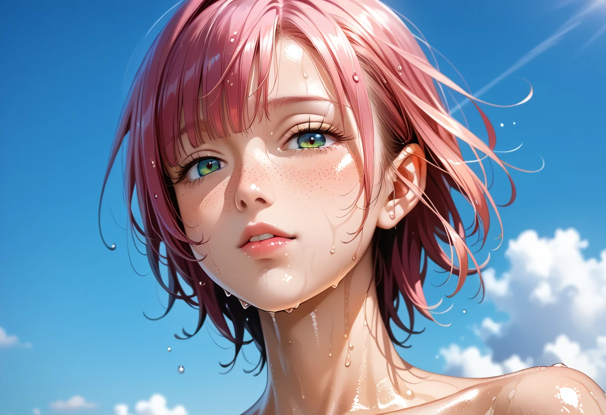 score_9, score_8_up, score_7_up, rating_explicit, masterpiece, best quality, absurdres, unity 8k wallpaper, official art, official style, source_anime, uncensored, game cg, megami magazine, 1girl, flying sky, oiled skin,shiny skin,wet skin