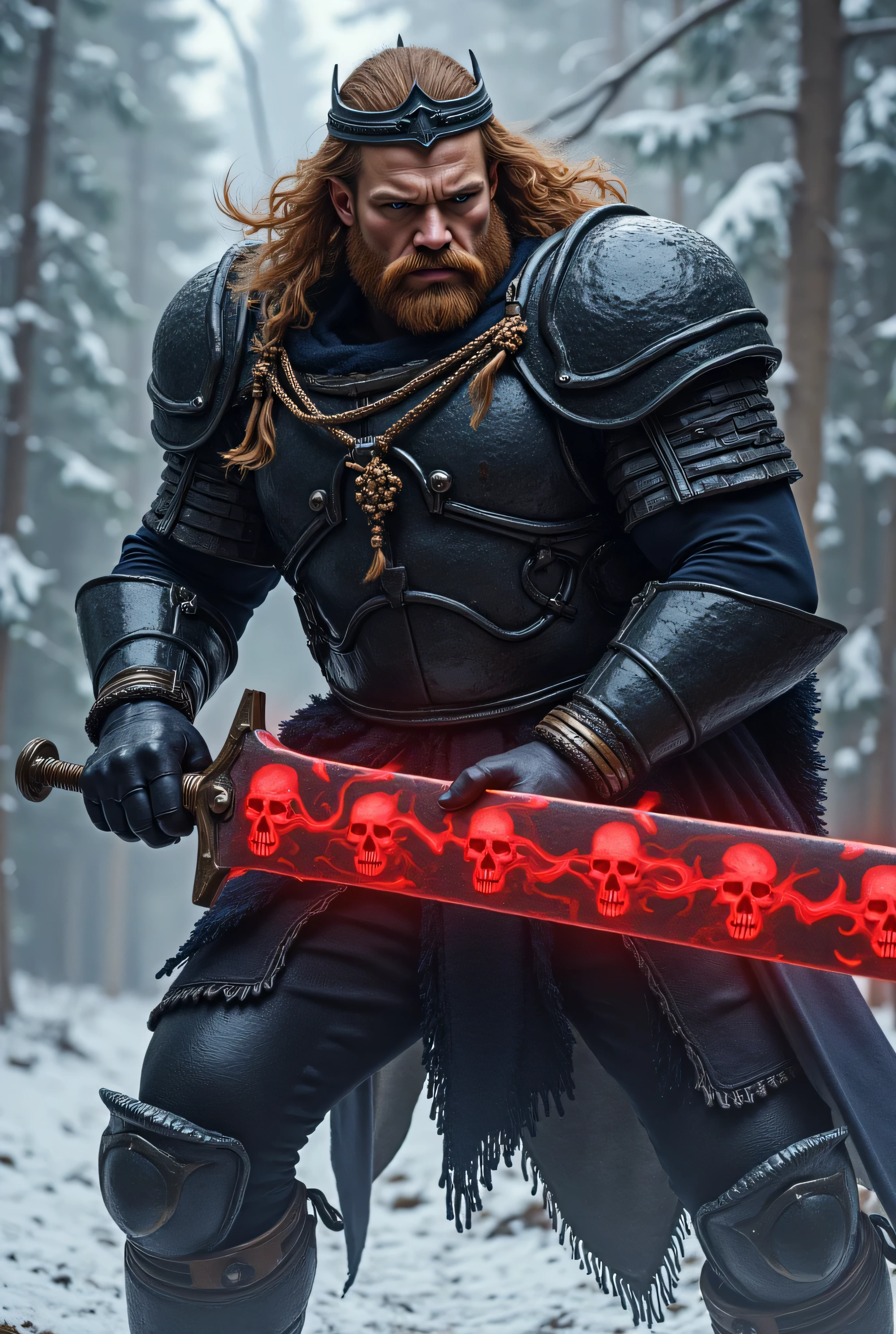 ((realism, photorealistic, life-like photograph, score_8_up, score_9, fluxbodybuilder)), armored male barbarian savage, battle worn black chrome gloss armor, white fur trim, black cloak, (pronounced high cheekbones, strong chin), long curly light brown hair with ginger highlights, small braids, black lips, black eyes, blackout eyeshadow, thick iron crown, (((((oversized glowing red skull engraved sword, the skulls on the sword pulse with swirling blood-red magical mist)))), windy, outdoor frozen snow snowy forest, dynamic battle pose, lunging, side view)