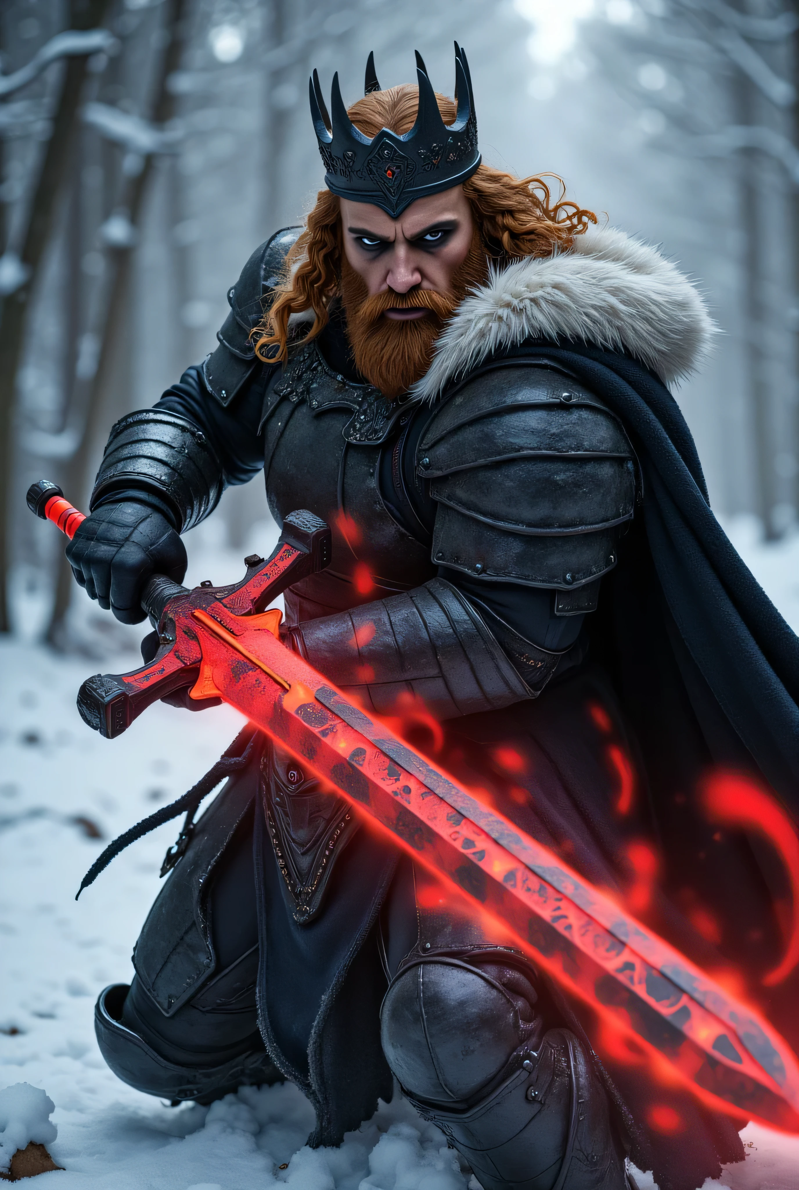 ((realism, photorealistic, life-like photograph, score_8_up, score_9, fluxbodybuilder)), armored male barbarian savage, battle worn black chrome gloss armor, white fur trim, black cloak, (pronounced high cheekbones, strong chin), long curly light brown hair with ginger highlights, small braids, black lips, black eyes, blackout eyeshadow, thick iron crown, (((((oversized glowing red skull engraved sword, the skulls on the sword pulse with swirling blood-red magical mist)))), windy, outdoor frozen snow snowy forest, dynamic battle pose, lunging, side view)