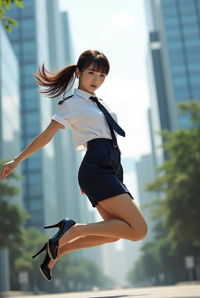 1 female、(solo:1.5)、(Super beautiful)、(beautiful face:1.5)、(facial details:1.5)、(eye details:1.1)、(lip details:1.1)、(Nose details:1.1)、high school girl、(Fight off molesters with karate techniques:1.5)、(high class karate)、(kick up:1.5)、(high school clothes:1.5)、(white shirt:1.5)、(tie: 1.5)、(navy blue skirt:1.5)、(white pants:1.6)、(espadrilles:1.6)、make、brown hair、Sidewalks in Shibuya、sky from below、(SFW time:1.5)