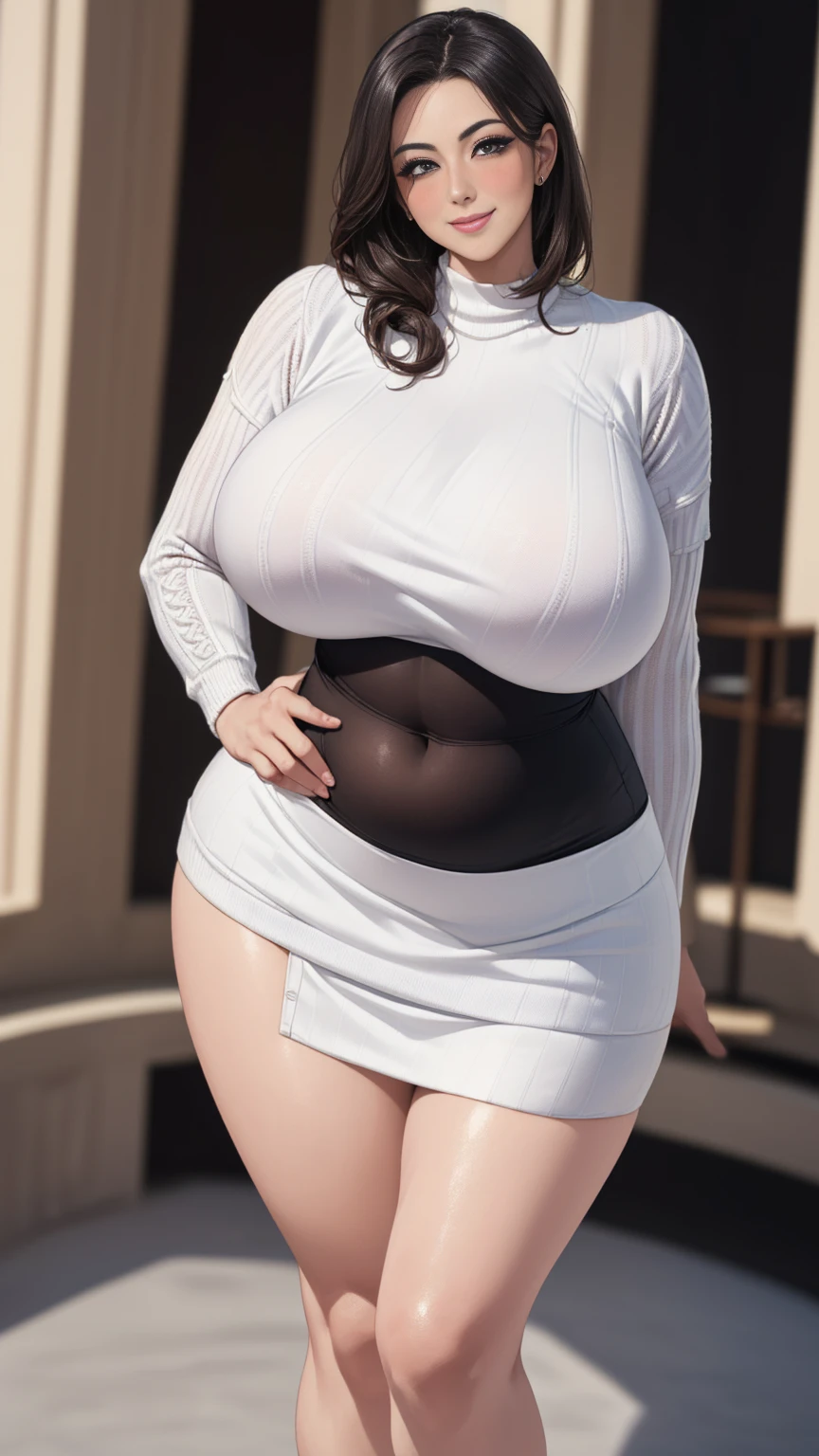 best quality, ultra high res, (photorealistic:1.4), 8k resolution, (random hair:1.3), (realistic hair:1.2), (Japanes girl:1.2), (realistic eyes:1.2), (beauty face:1.3), white glowing skin, (Tie Front Satin Top, Pu Slit Detail Leggings, sneaker), (huge breasts:1.25), huge tits, cleavage, thick thighs, large ass, wide hips, curvy, busty, hourglass figure, 1girl, solo, sexy pose, (random background:1.2), (black hair)