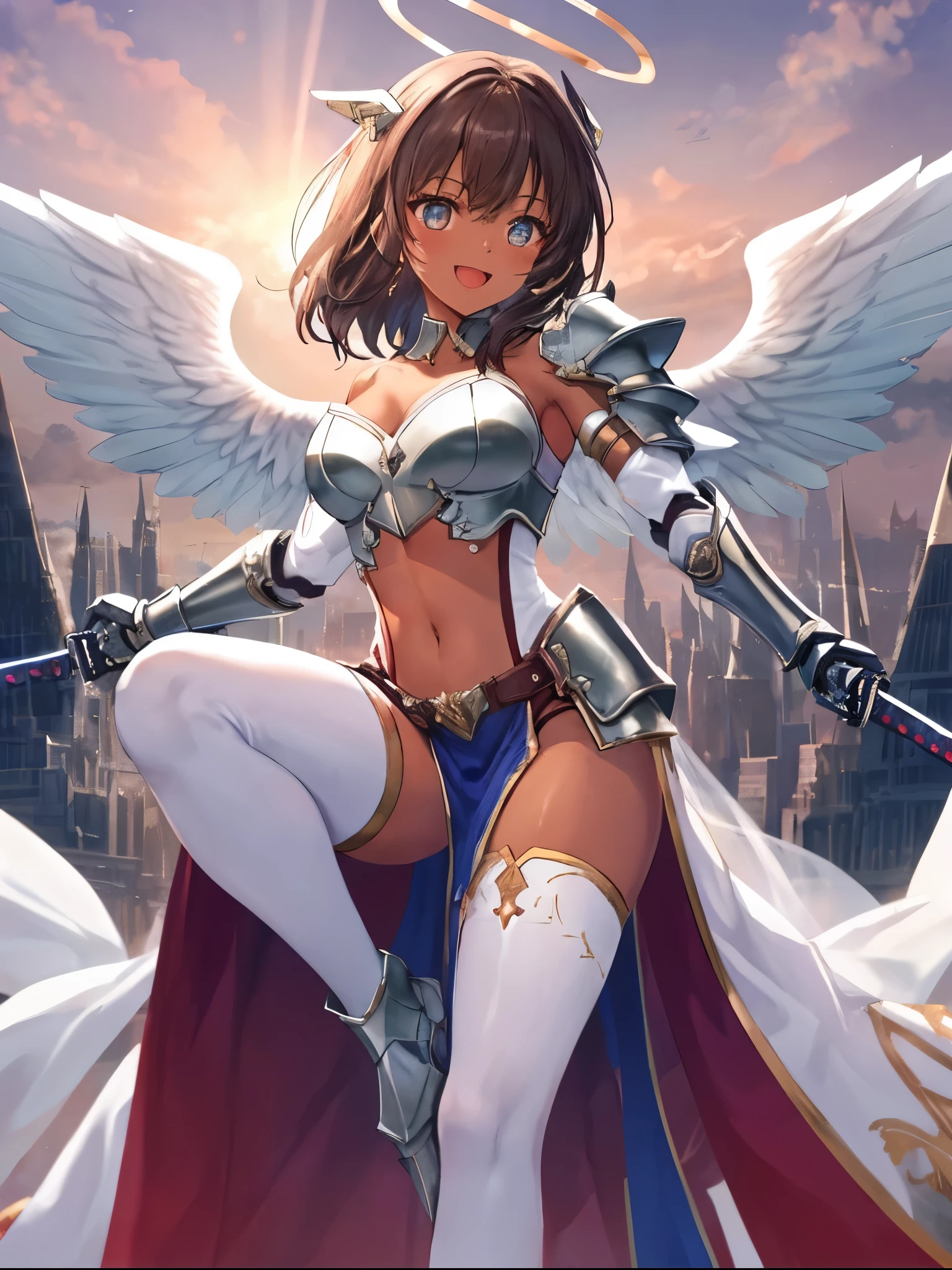 fantasy, 1angel_girl,(young_teen:1.5), ,brown_hair, medium_bob_hair, long_bangs, halo,bare_shoulder,thighhighs,silver_armor, waist_armor, large_breasts,1pair_wings, dynamic_pose_fighting,floating, bare_crotch, headgear,gauntlet, greaves,city_landscape_background,slightly_spread_legs, solo, groin_naked,smile