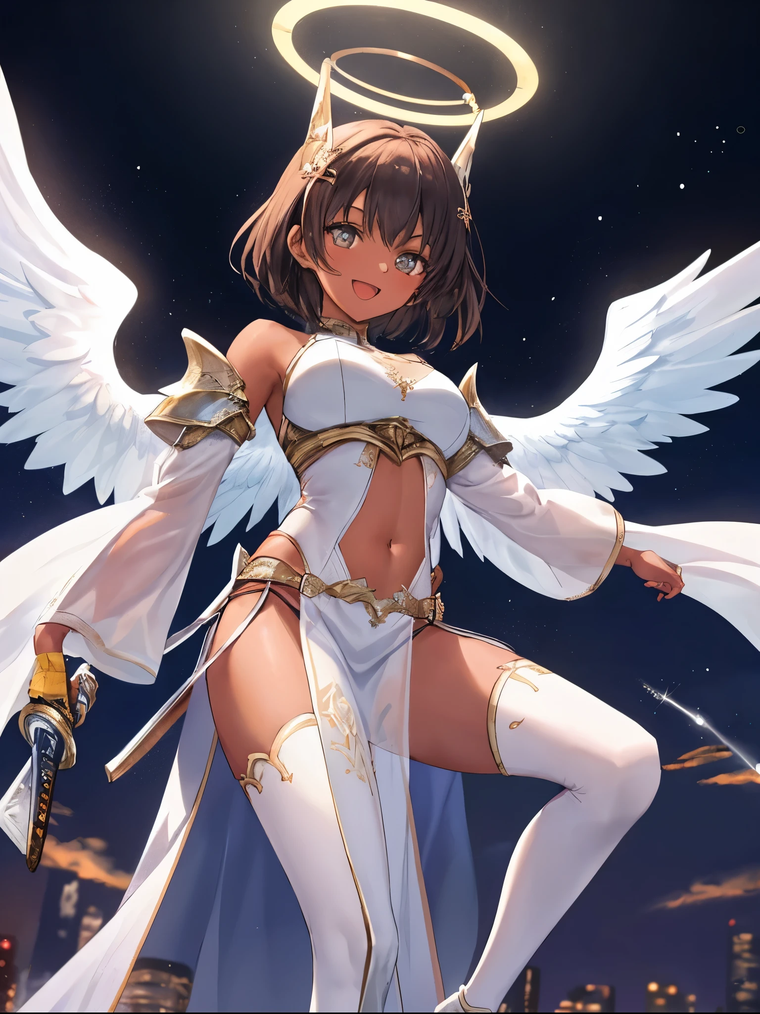 fantasy, 1angel_girl, low_teen, brown_hair, medium_bob_hair,long_bangs, (dark_skin)+, bare_shoulder, navel out, thighhighs,silver_shiny_armor, white_clothes,waist_armor, Glebe, hold_shiny_swords, medium_breasts, Angry, dynamic_pose_fighting,Floating, (1pair_white_wings,pelvic_curtain)++, Headgear ,city_sky_background,,slightly_spread_legs, multiple_shiny_swords_floating_around_the_girl