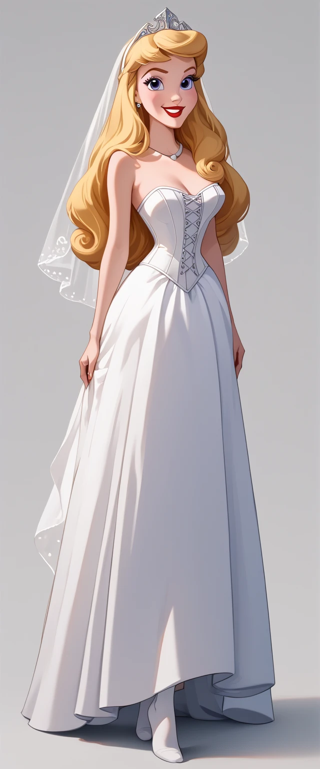 score_9, score_8_up, score_7_up, score_6_up, full body view, BREAK Disney princess Aurora ,1girl, solo, porcelain doll, blonde loose and long hair, thin face, nude, purple eyes, red lips, smiling, fair skin, no shoes, Disney 3D render, ((Princess Aurora standing compketely nude as a sexy bride, just covering her whole nude body with a veil, wearing stockings and corset, (Aurora's face exactly as original Disney character),