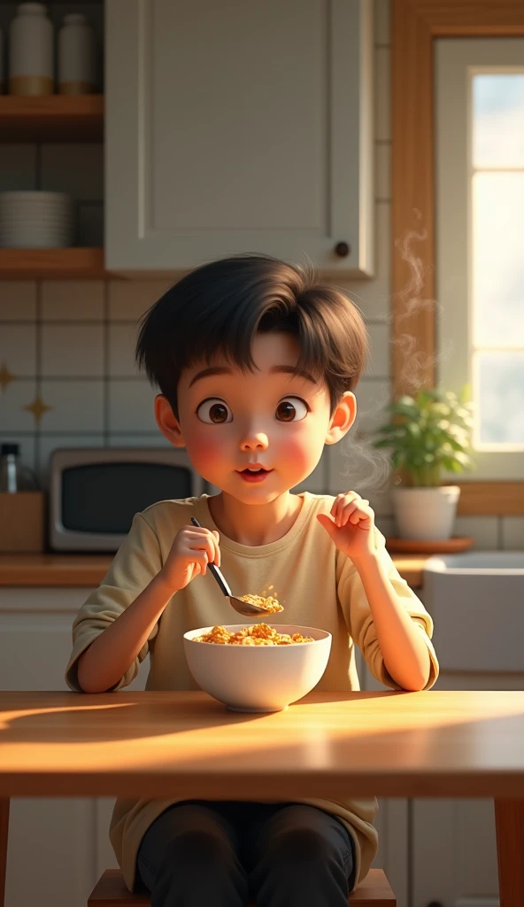 The fat kid boiled water in the pot, with soybeans.