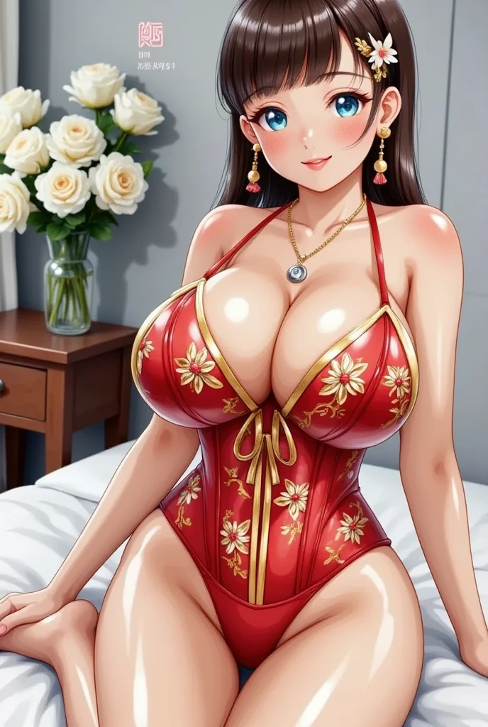 a beautiful Asian woman is seated on a bed. She is dressed in a vibrant red silk corset, adorned with gold embroidery. Her hair is styled in a sleek bob, and her eyes are a piercing blue. Her lips are painted a deep red, adding a pop of color to her face. The corset is adorned with a sheer neckline and a sheer chest. Her long, dark brown hair is pulled back, framing her face, and cascades down to her shoulders. She's wearing a pair of long, red earrings, and a gold necklace with a silver charm on it. Her left hand is positioned on the bed, while her right hand rests on her hip. The bed she is sitting on is covered in a white sheet, and the backdrop is a light gray wall, with a vase of white flowers on the left side of the frame. The vase is placed on a brown wooden table, adding depth to the composition.,horseoilsocks