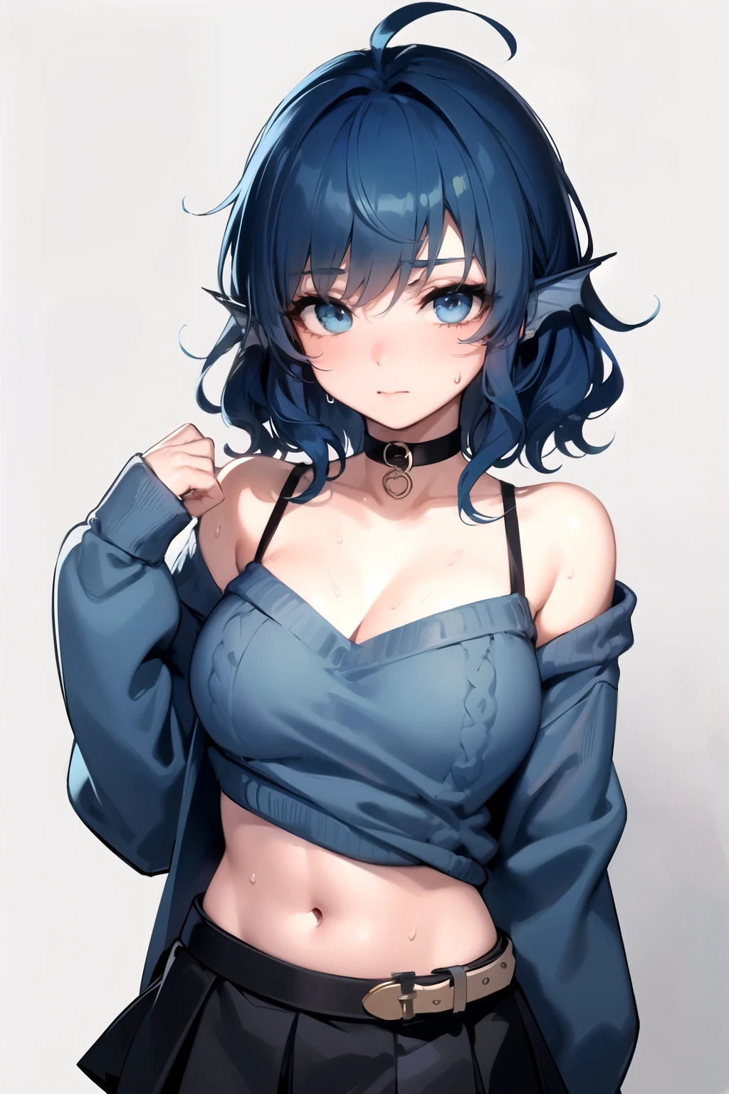 (Best Quality,Unparalleled Masterpiece:1.4),Ultra-Detailed CG 4K,(Ultra-Detailed Clear Absurdly-Vivid white Big Eyes:1.2),Gorgeous Round Detailed Face, ADULT(Bangs:1.2), wakasagihime, 1women, age 20, short stack, thick , medium breast, big head, (short:1.1), (blue hair:1.6), short hair, head fins, standing up, (sweaty:1.4), masterpiece, best quality , soft smile, black off shoulder sweater midriff, crop top, belly button, short skirt, cleavage, black thighhighs, dog collar.