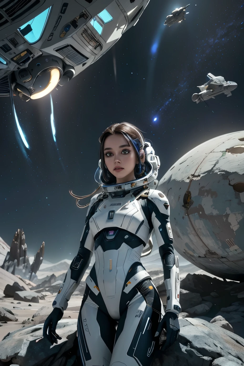 a futuristic space exploration scene, wearing a white spacesuit, beautiful detailed eyes, beautiful detailed lips, extremely detailed face, long eyelashes, astronaut holding a high-tech device, advanced alien spacecraft in the background, floating rocks and debris, colorful nebula, digital art, cinematic lighting, vibrant colors, dramatic atmosphere, highly detailed, 8k, photorealistic, concept art style