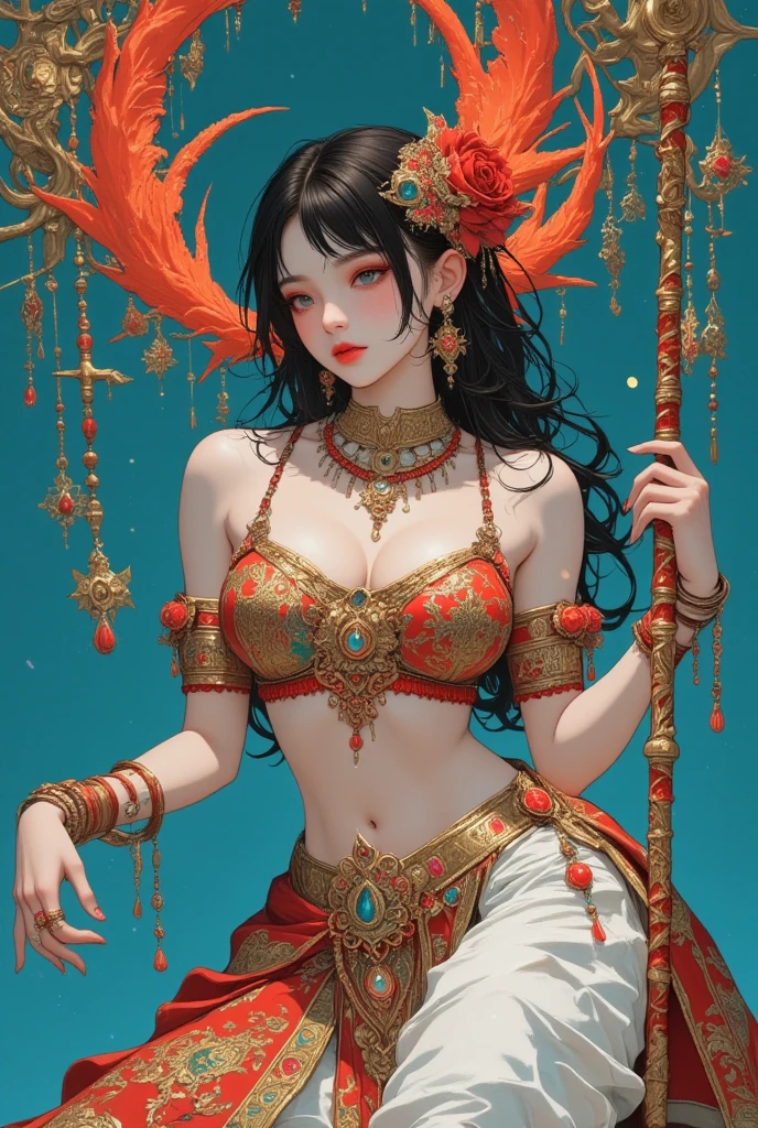 Lilith, antlers, magic circle, tropical forest, flowers of all colors and shapes, pagoda temple, flowers of all colors and shapes, beautiful dress, kundalini, beautiful face, while doing magic, Magic Tape