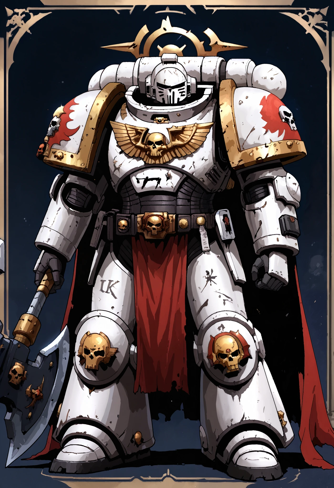 Anime, Concept art, Absurd resolution, high resolution, (masterpiece: 1.4), hyper-detail, warhammer 40k terminator armor, Juggernaut armor, heavy armor, knight, full body, glowing weapon, cloak, white armor, edgy, grimdark, octosoup, 1man, bulky, buff, red plume, loin cloth, primaris helmet, reference sheet, iron halo, UltraM40k, full shot, Holding_Halberd_V1, whtitus